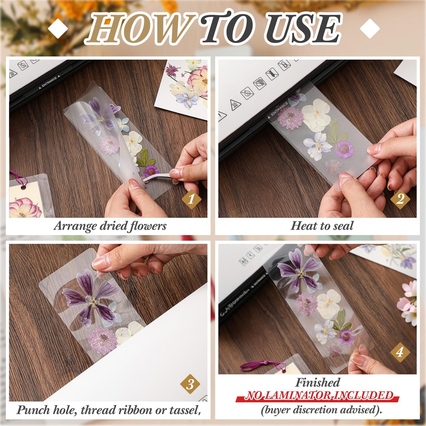 Fuyoooo 376 Pcs Dried Flower Bookmark Making Kit, DIY Bookmark Laminating Pouches with Tassels and Puncher, Handmade Craft Kit for Women, DIY Gifts for Book Lovers (Purple,2 x 6 Inch)