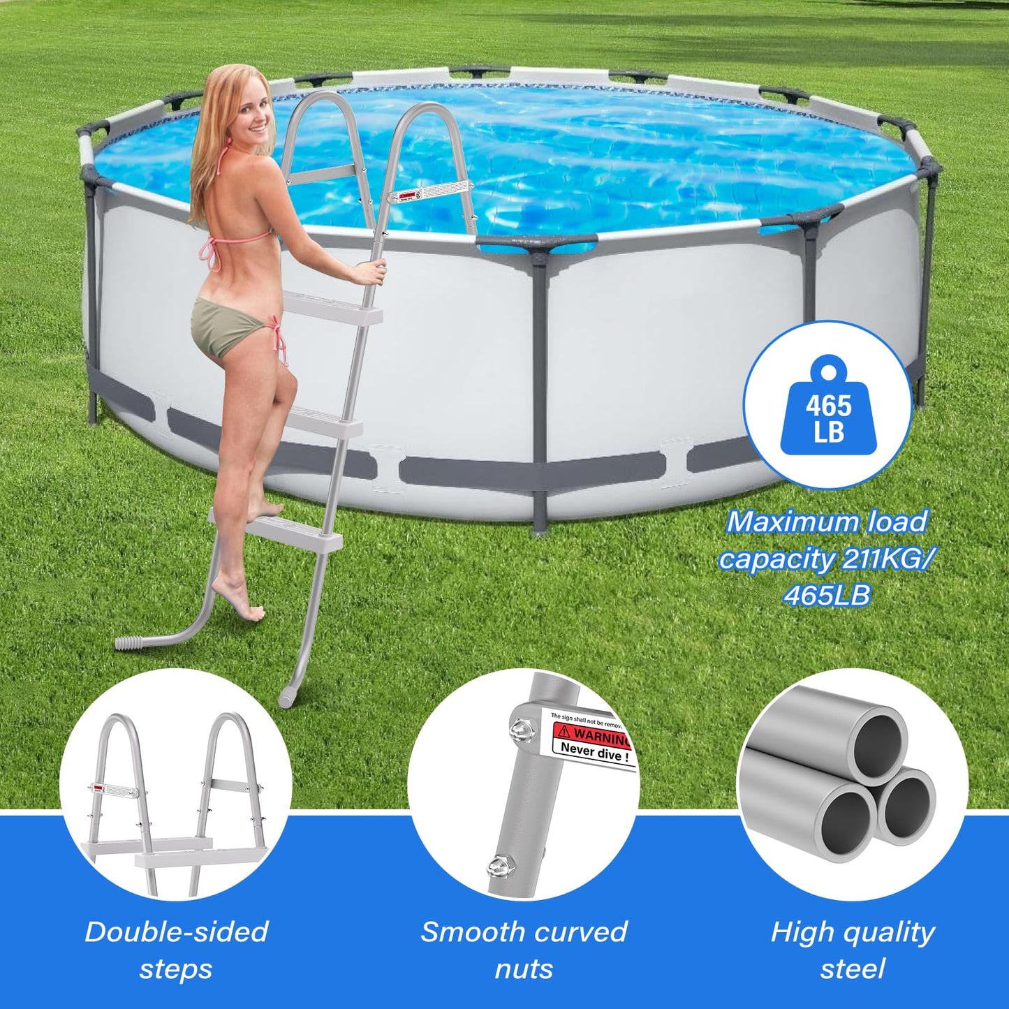 TIXANF 42" 3-Step Steel Frame Above Ground Swimming Pool Ladder,Heavy Duty Double Sided Removable Pool Steps,Pool Ladder Steps with Non-Slip Plastic Steps for Entry and Exit