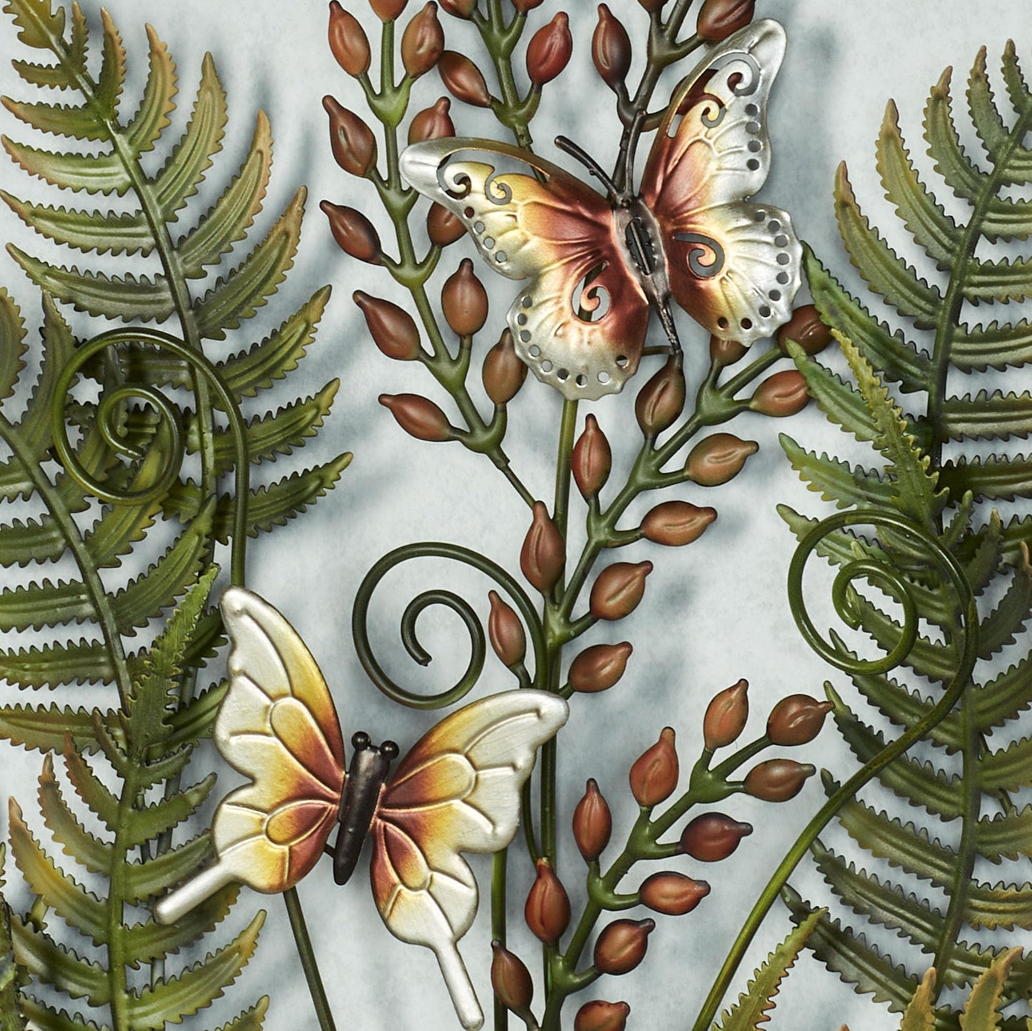 Fern Leaf Nature Metal Wall Sculpture | Handpainted Green, Brown, Ivory, and Gold Earth Tones | Dimensional Textured Botanical Fern Frond Round Wall Art | Textured Metallic Butterfly Circle Wall Decor