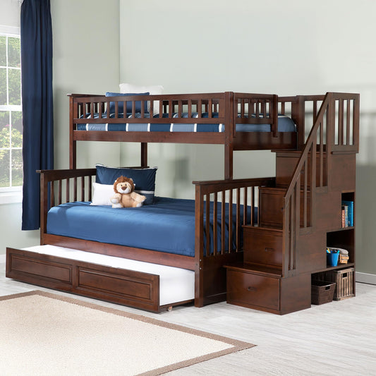 AFI, Columbia Staircase Bunk Bed Twin Over Full with Twin Raised Panel Trundle, Walnut