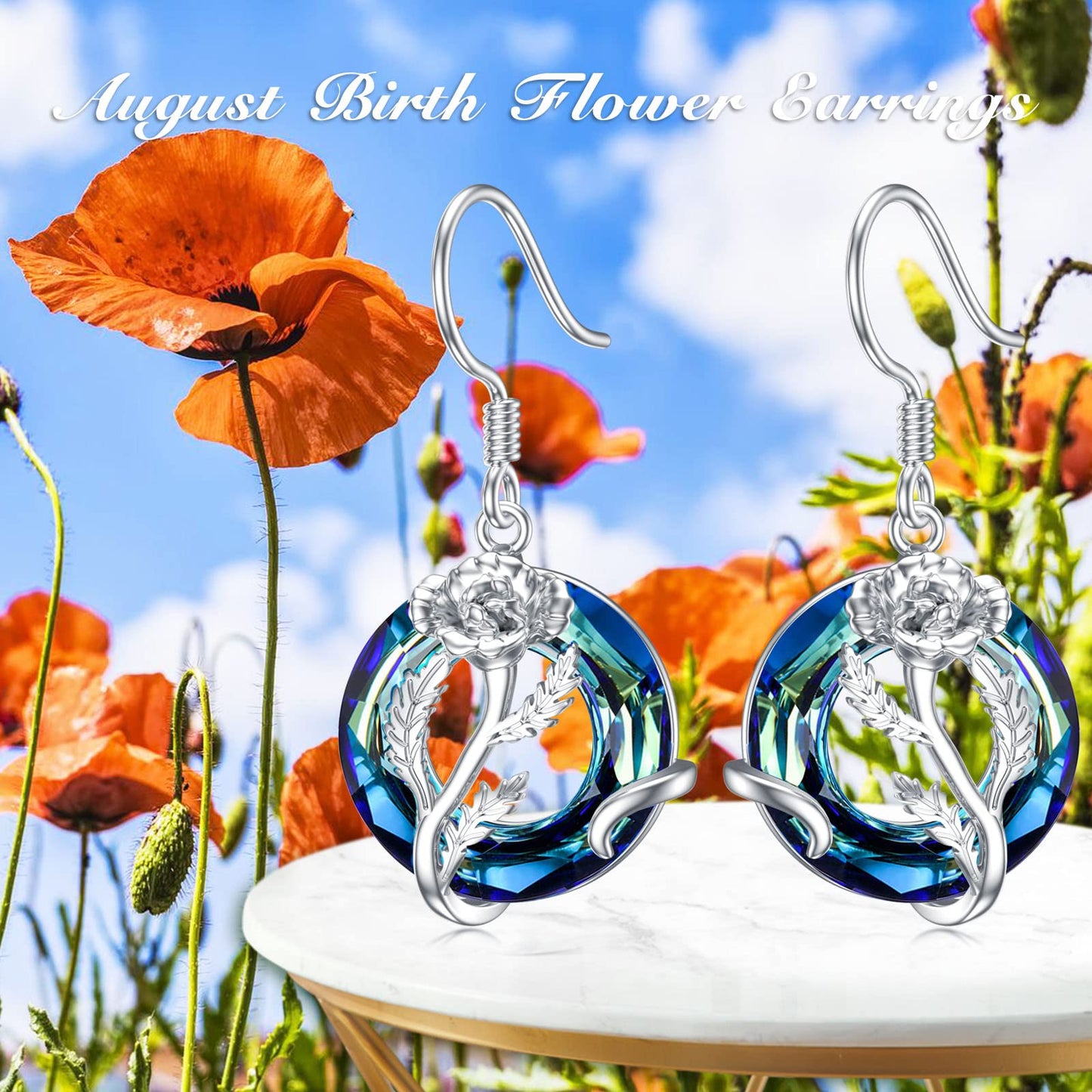 TOUPOP August Birth Flower Earrings Poppy Drop Dangle Earrings Blue Crystal Jewelry Birthday Mothers Day Gifts for Women Mom Her
