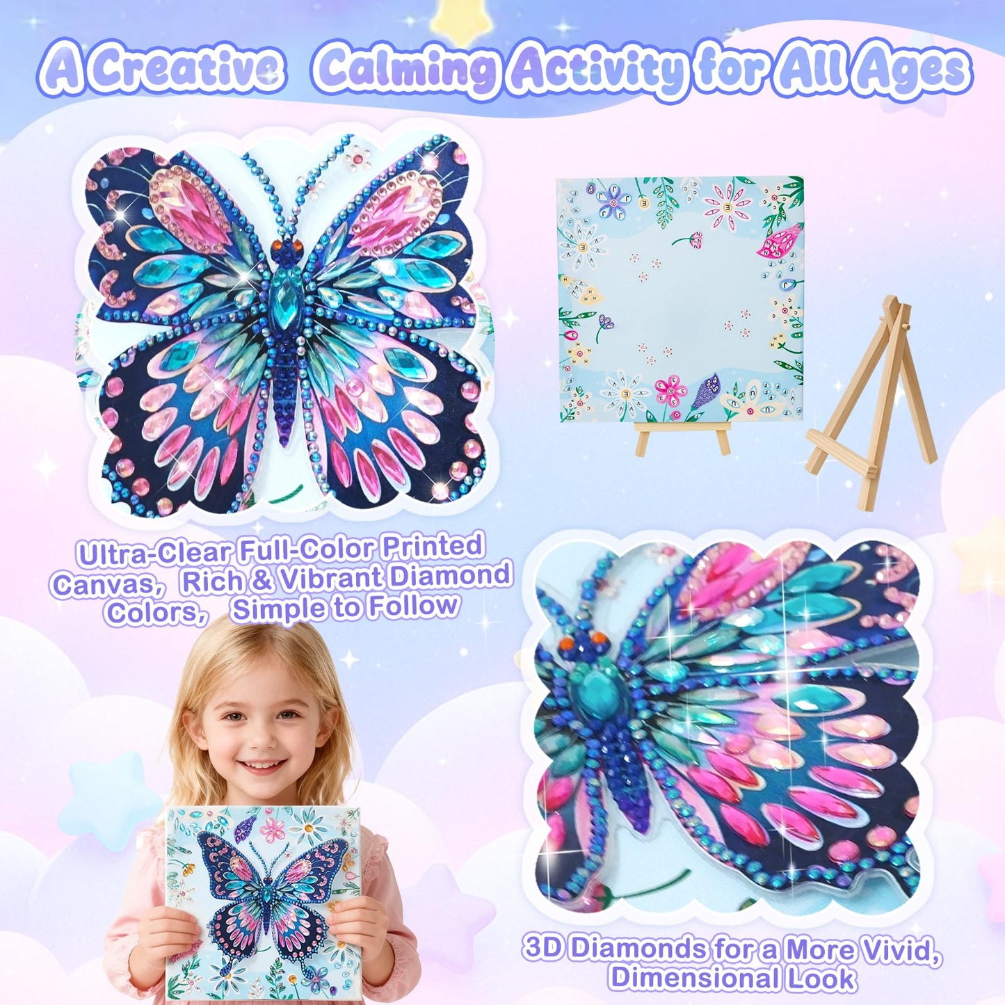 Arts and Crafts for Kids Ages 8-12, Diamond Art Kits for Kids, Birthday Gifts for 6 7 8 9 10 11 12 Years Old Girl, Gem Art Butterfly Kit for Teen Girl, DIY Crafts Toy with Frame for Room Decor (Blue)