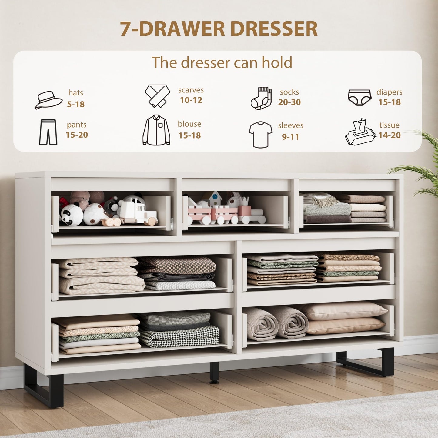 GarveeHome 7 Dresser for Bedroom, 55" Wide Dresser, Freestanding Horizontal Drawer with Storage, Wooden Closet Chest Storage for Living Room, Hallway, Entryway, White