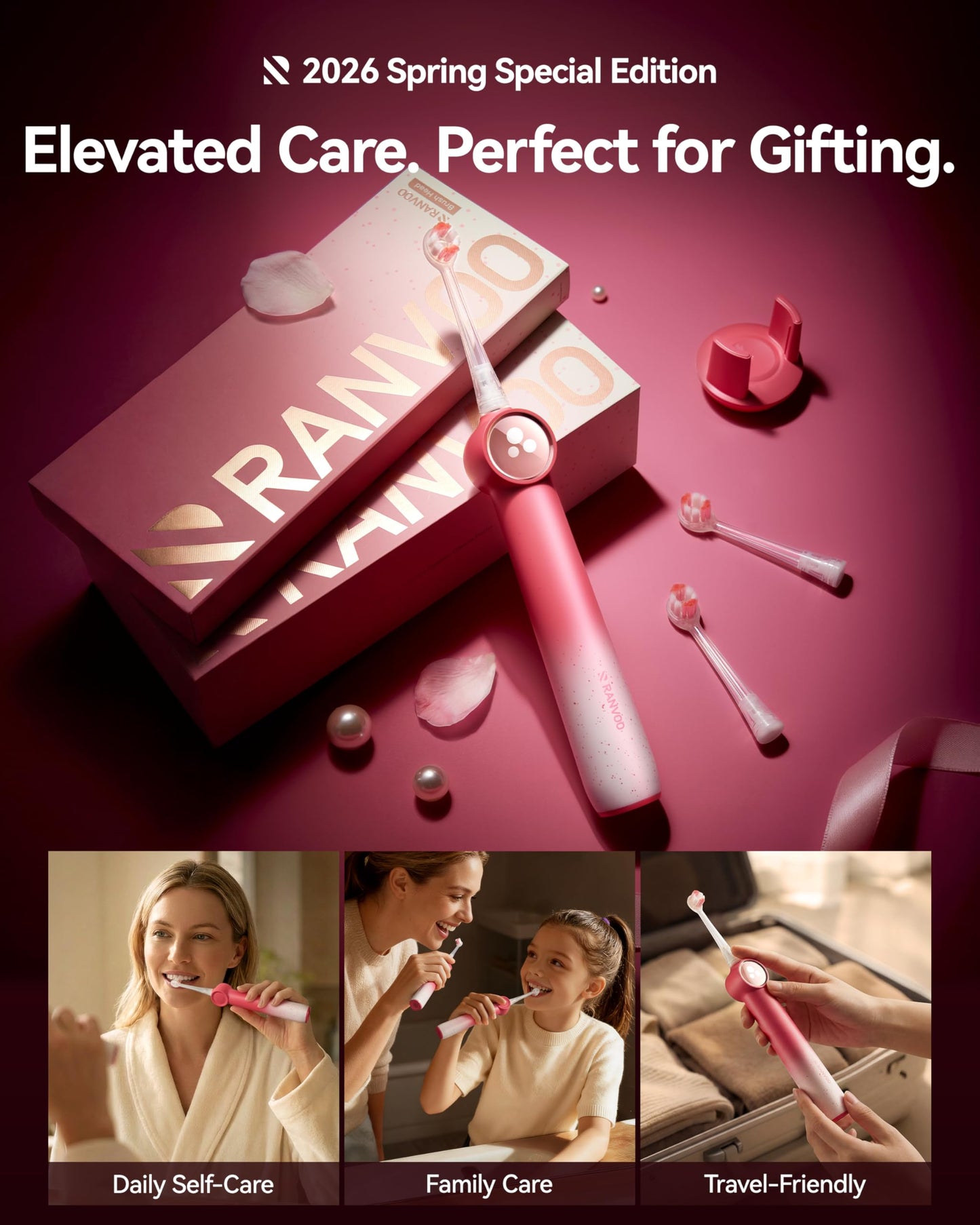RANVOO AirJet X5 [Gift-Ready Pink Edition | Next-Gen Jet-Flow] Electric Toothbrush, 100% Plaque Removal, Whitening & Gum Care, 60-Day Battery Life, Rechargeable with 3 Pro Brush Heads, Cyclamen Pink