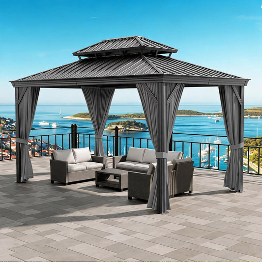 12x18 FT Hardtop Gazebo, Heavy Duty Iron Double Roof Outdoor Pavilion with Mosquito Netting and Privacy Curtains, Waterproof UV Protection for Patio Garden Backyard Deck