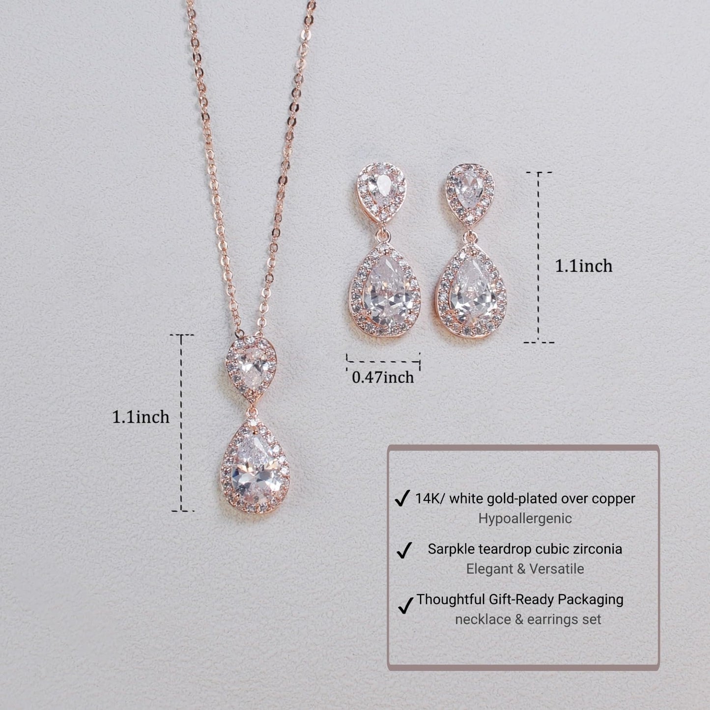 UDYLGOON Bridal Jewelry Set for Women, Cubic Zirconia Teardrop Bride Bridesmaid Necklace and Earrings Set for Wedding Prom Formal (Rose Gold Plated)