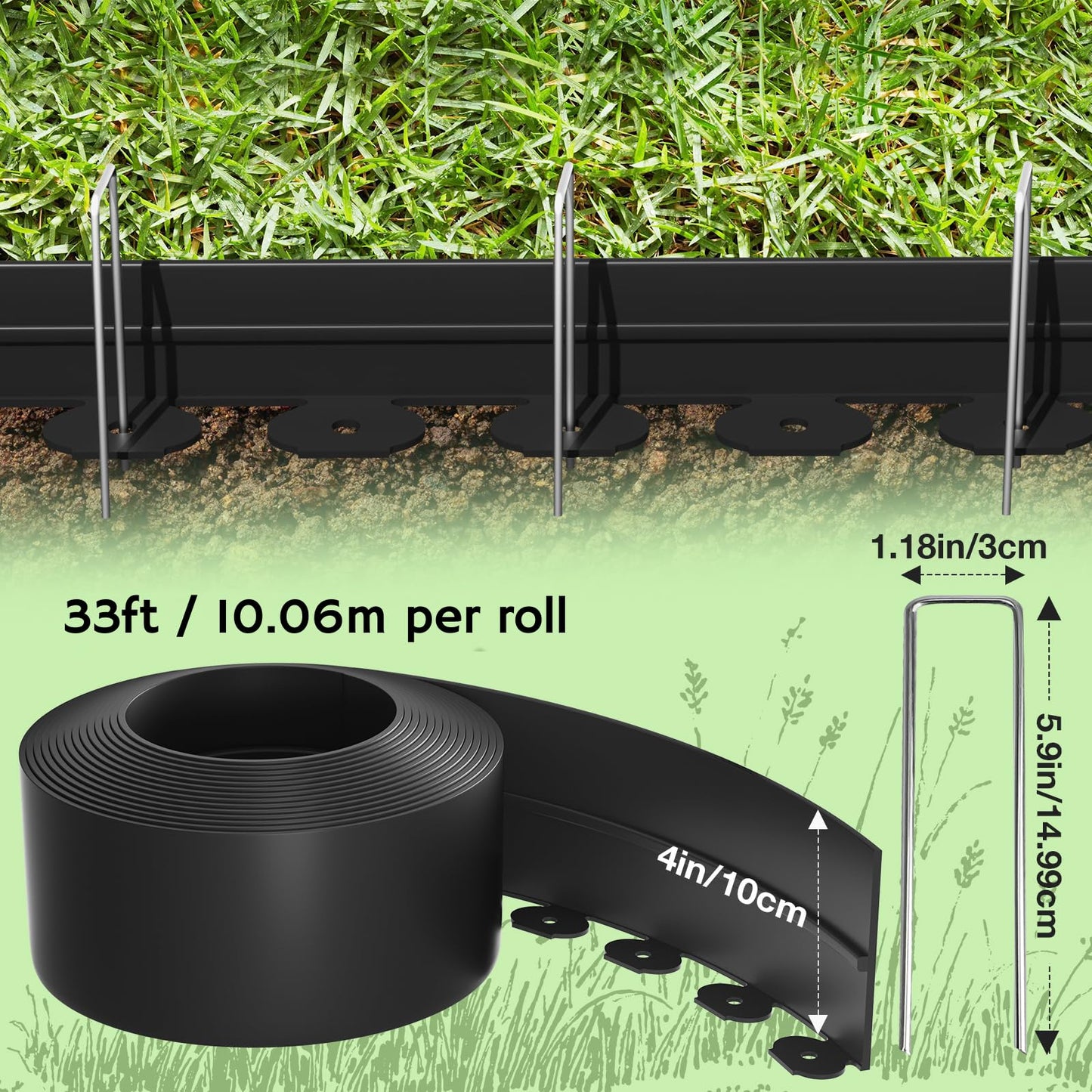 Bluepro Landscape Edging, 4 Inch 33 ft Garden Edging Border Kit with 50 Steel Stakes (Strong) & Reinforced Design - Tall Plastic Lawn Barrier for Flower Beds, Walkways & Yard