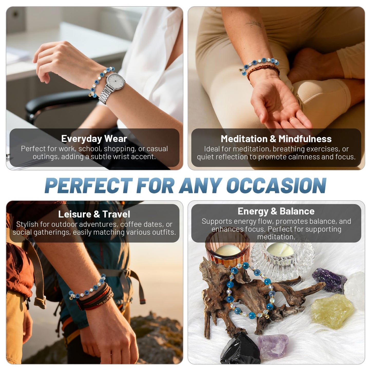 Blue Agate & Clear Quartz Healing Crystal Bracelet with Small Bell – Beaded Bracelets for Women – Energy, Meditation, Yoga, Relaxation, Chakra Balancing, Jewelry Gift, Birthday & Holiday Gift for Coworker, Friend