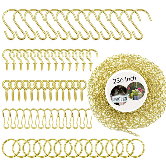 236 Inch Gold Hanging Baskets Chains - Adjustable Length, Brass Decorative Metal Chain with A Great Assortment of Hooks for Hanging Bird Feeders Planters Baskets Billboards Ornaments, Chain Hooks DIY
