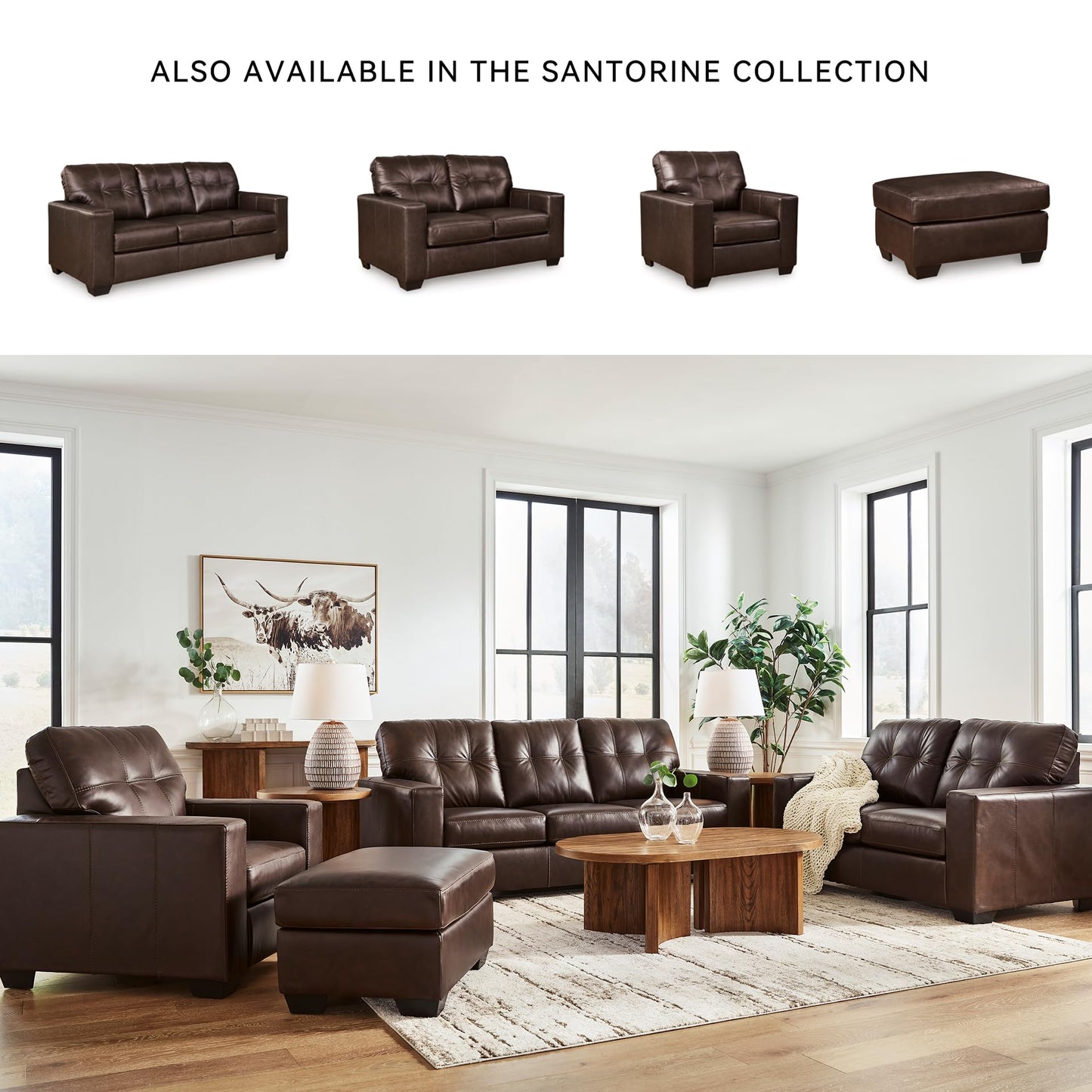 Signature Design by Ashley Santorine Transitional Tufted Leather Match Sofa, Dark Brown