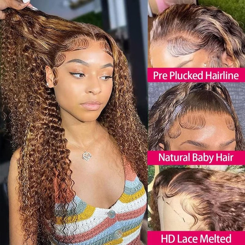 Peenoll Highlight Dark Brown Chocolate P4/30 13X6 Human Hair Lace Frontal Wig Glueless Wigs Human Hair Pre Plucked Pre Cut Lace Frontal Glueless Wigs Elastic Band 200% Density, 16 Inch