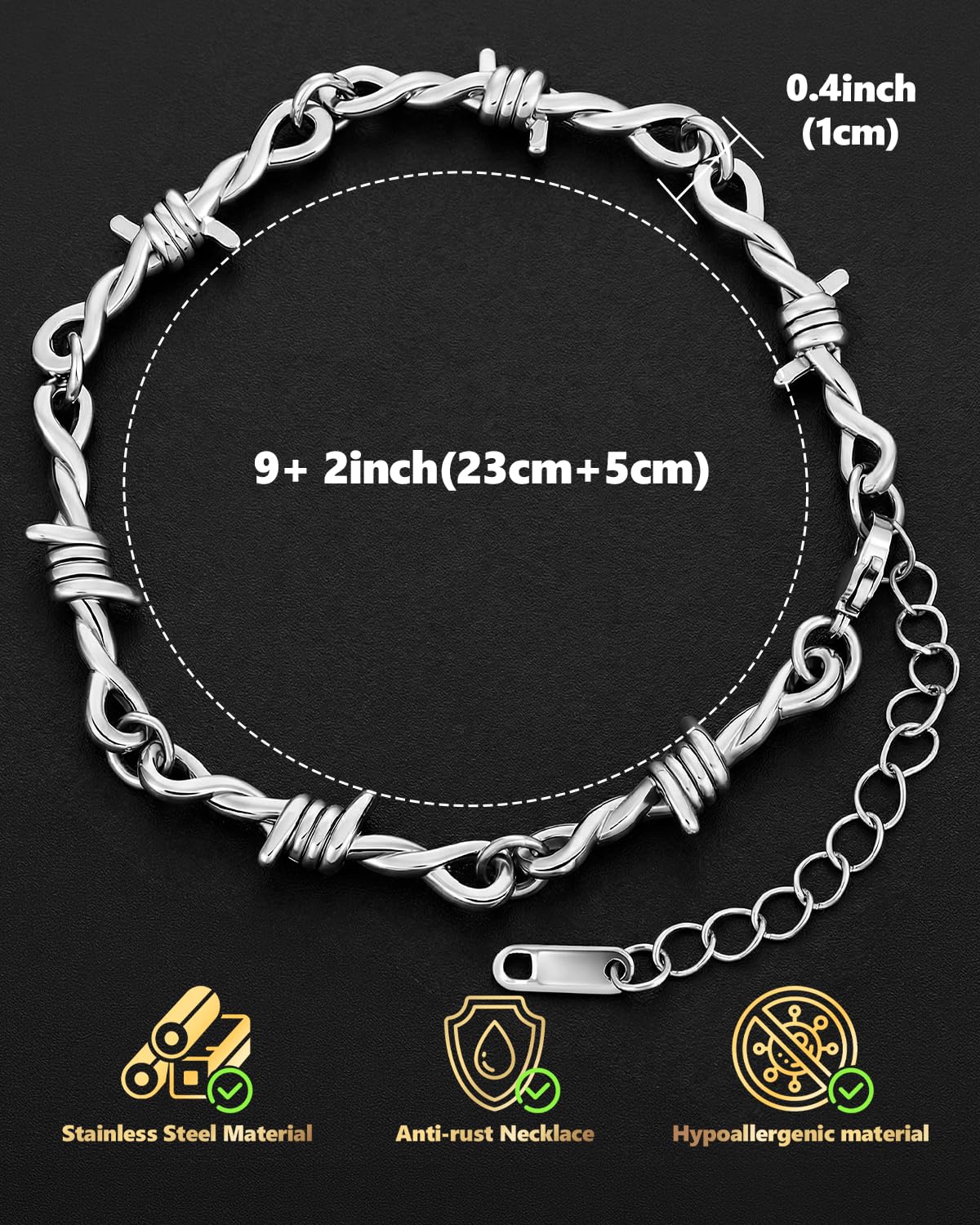 LuxGoth Stainless Steel Barbed Wire Thorns Thin Link Chain Bracelet Gothic Punk Rock Biker Vintage Viking Adjustable Brambles Link Curb Bracelet Jewelry for Men Women Silver GTS-B1B45073