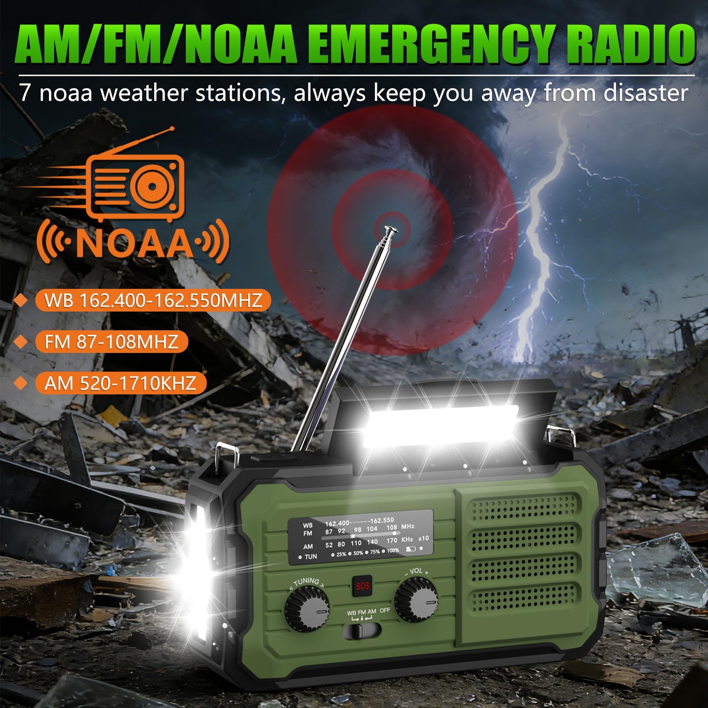 Emergency Radio Hand Crank Solar, 10000mAh/37000mWh Emergency Weather Radio, Hand Crank Solar Radios with NOAA/AM/FM, Cell Phone Charger, Headphone Jack, Flashlight for Indoor Outdoor