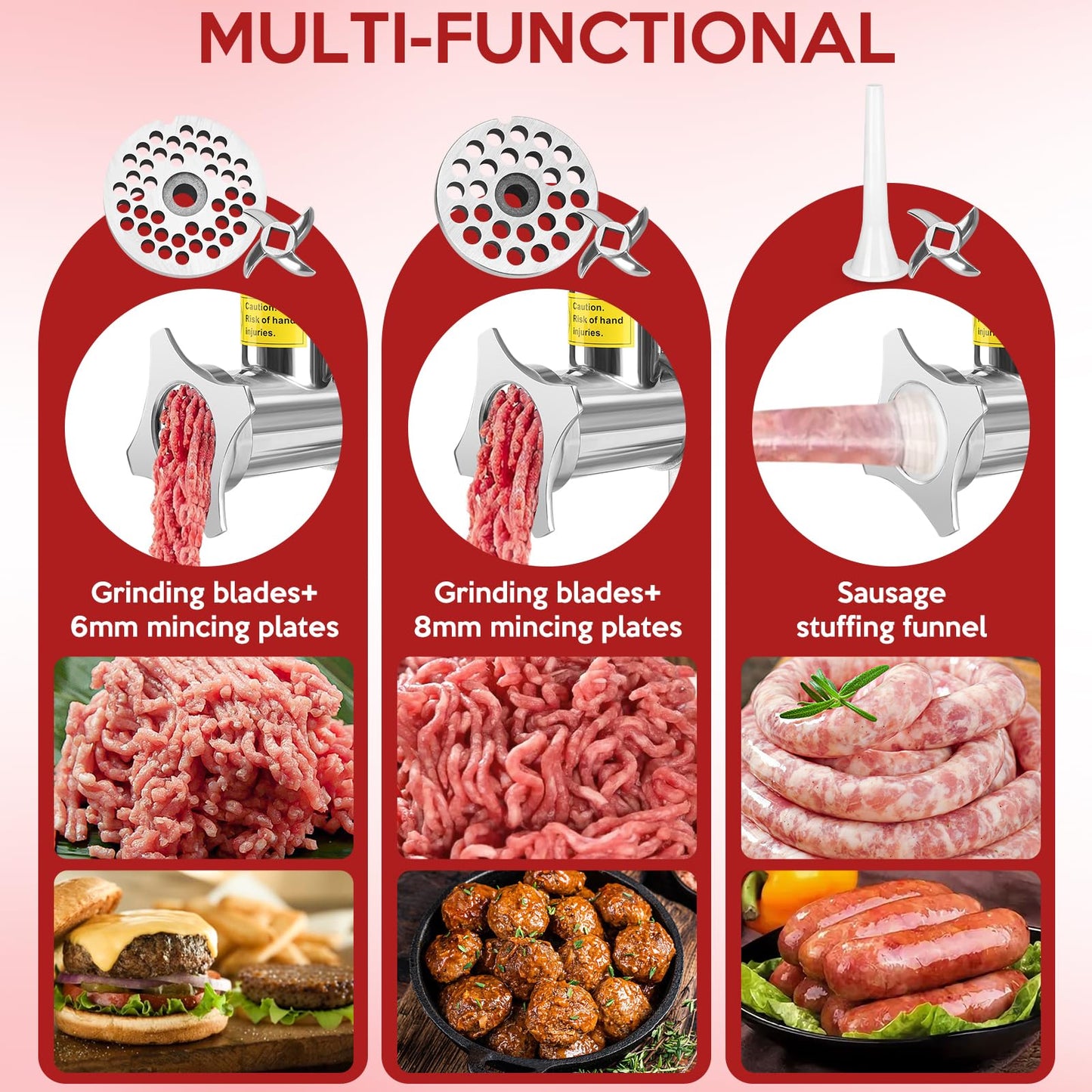 ARLUMA Electric Meat Grinder,Stainless Steel Meat Grinder Heavy Duty,1.5HP Sausage Stuffer with 2 Blade,2 Grinding Plates,Sausage Kit for Home Kitchen Commercial (661LB/H,1100W,6mm&8mm)