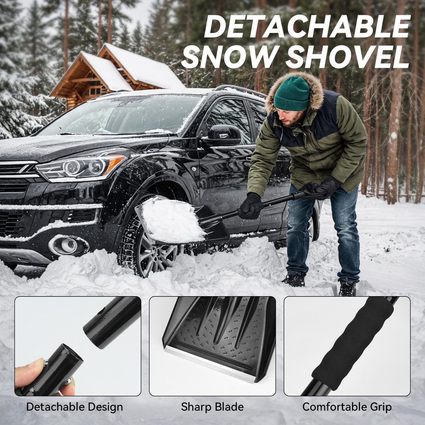 VCANENERGY Car Emergency Kit with Jumper Cable, First Aid Kit, Winter Travel Assistance with Detachable Snow Shovel, Safety Emergency Kit for Cars, Trucks