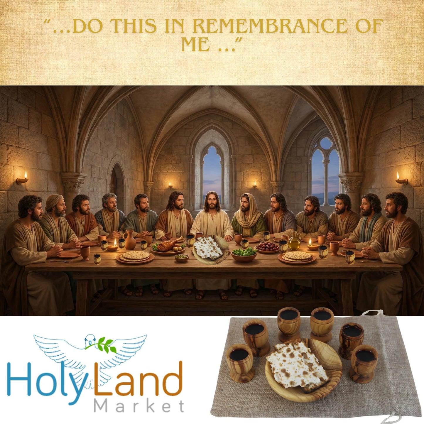 Holy Land Market Olive Wood Communion Cups & Plate Set KIddush - Communion Set Hand-Carved in Bethlehem – for Church Worship, Pastors & Ministries (Round Bowl + 6 Small Goblets)