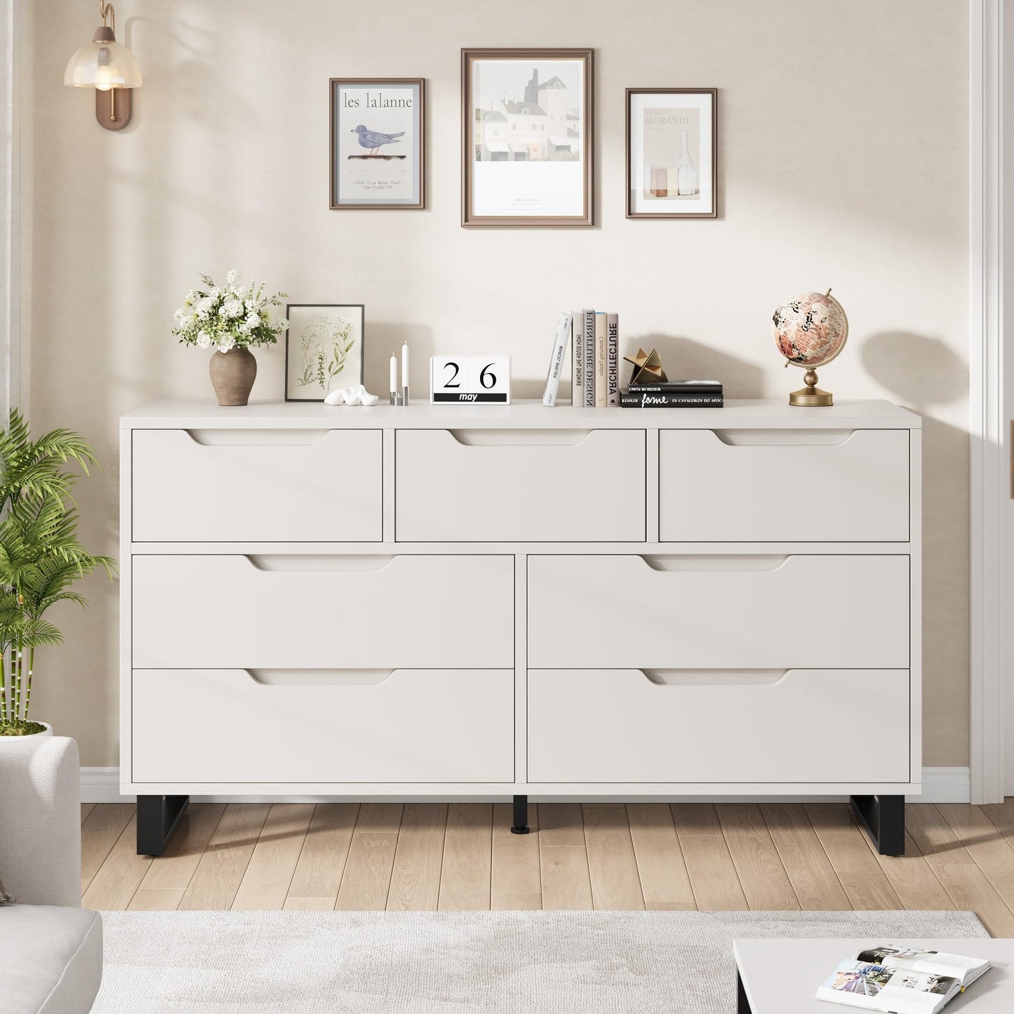 GarveeHome 7 Dresser for Bedroom, 55" Wide Dresser, Freestanding Horizontal Drawer with Storage, Wooden Closet Chest Storage for Living Room, Hallway, Entryway, White