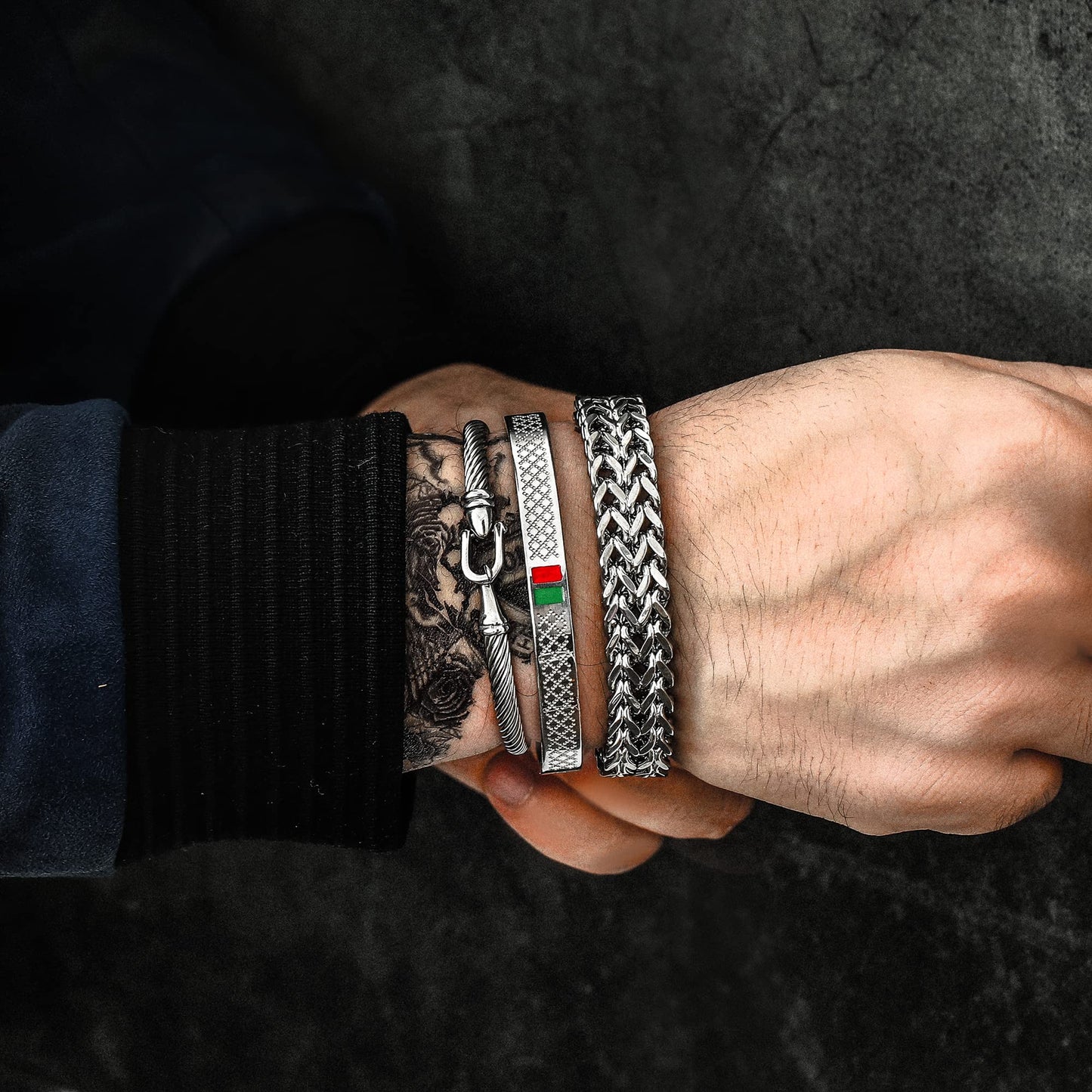 WFYOU 3PCS Stainless Steel Bracelets for Men Gold Roman Numeral Bangle Bracelet Twisted Cable Bracelet Adjustable Cuff Bracelet Mens Luxury Jewelry Bracelets Gifts(K:Silver)