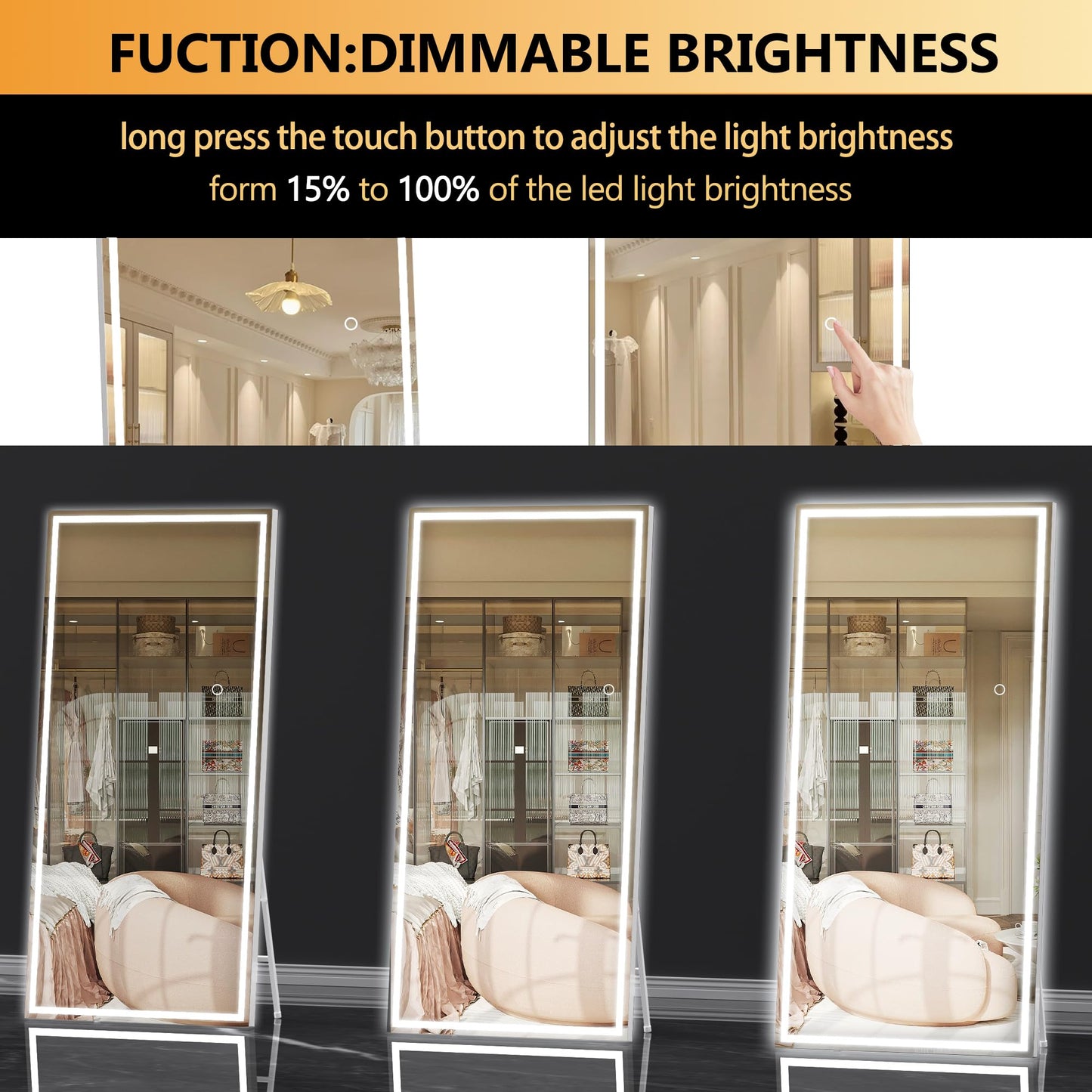 Hasipu Full Length Mirror with Lights, 79" x 36" LED Lighted Floor Standing Mirror, Full Body Dressing Hanging Mounted Mirrors, Dimmable, Tempered Glass, Safe to Use, Square White