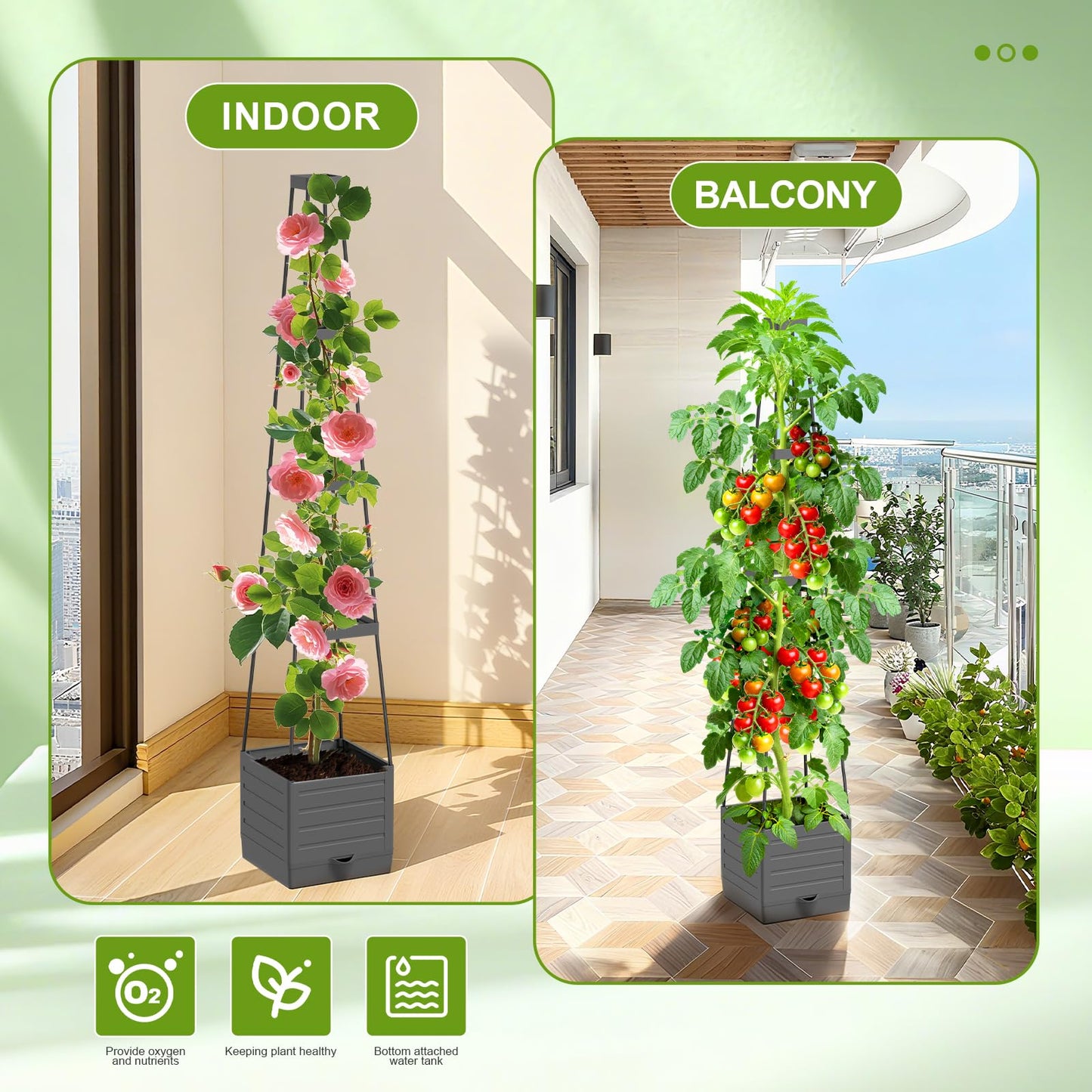 2 Pack Raised Garden Bed Tomato Planter with Trellis, 57" Tomato Cage Plant Support Planters, Self-Watering Planter for Tomatoes Climbing Plants Vegetable Vine Flowers Outdoor & Indoor