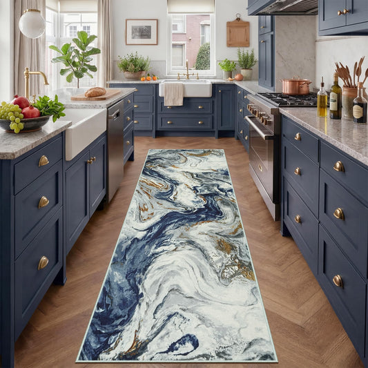 2x8 Kitchen Runner Rugs Washable Blue Soft Hallway Runner Non Slip Marble Entryway Rug Abstract Laundry Mat Stain Resistant Carpet for Entryway Bedroom Bathroom Beside Rug