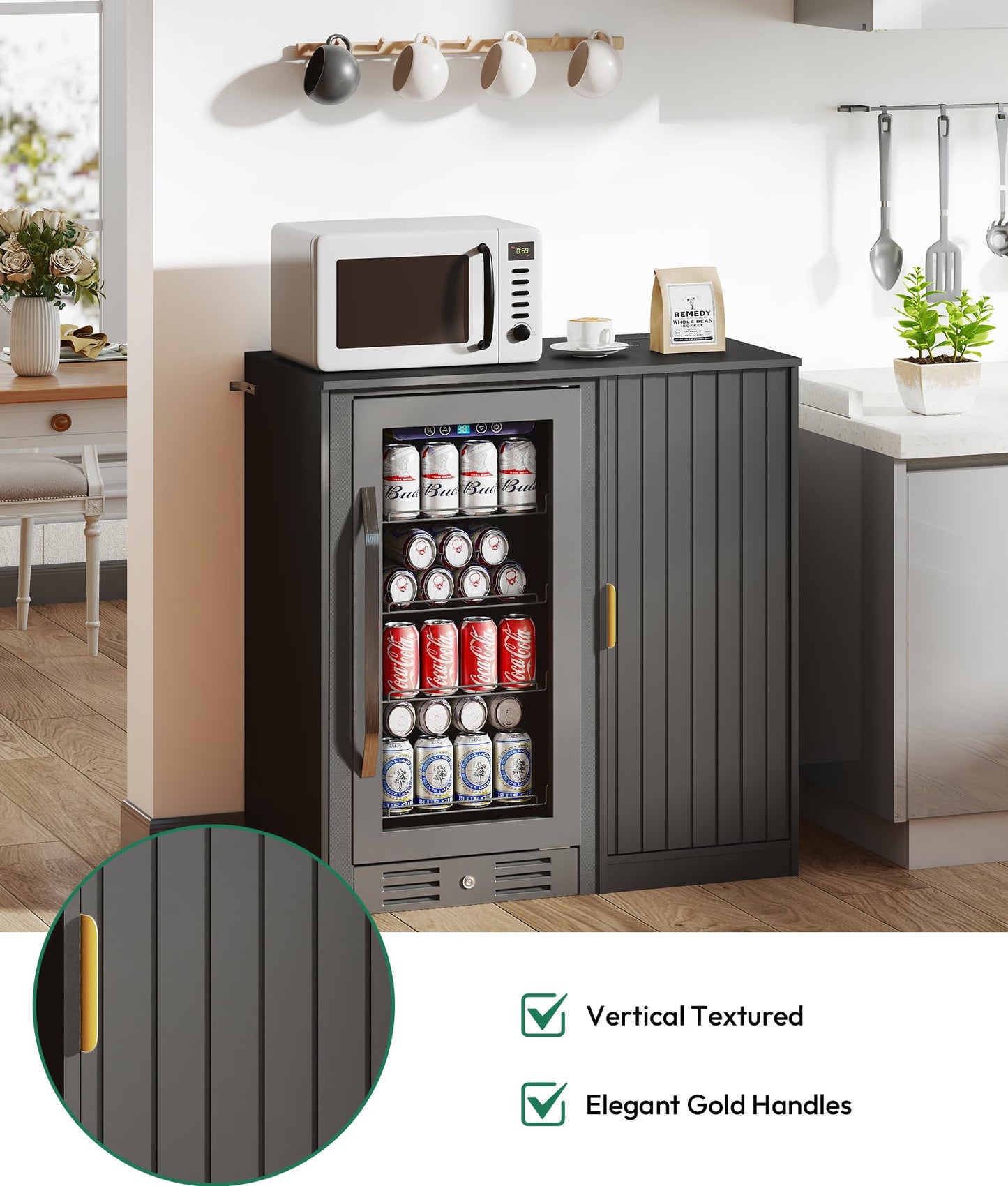 Lamtor Coffee Bar with Mini Fridge Space - Snack Bar Cabinet with Power Outlet, Fluted Mini Fridge Cabinet with Adjustable Shelf for Kitchen Dining Room Living Room, Black