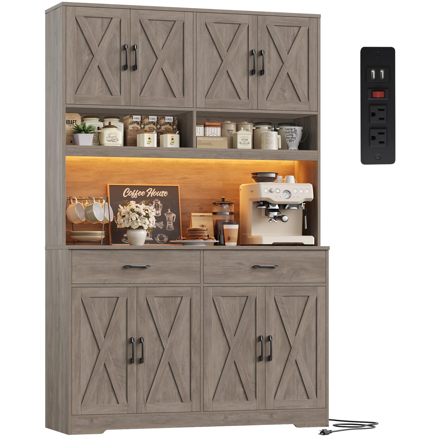 HOSTACK Modern Farmhouse Pantry Cabinet, 75" Tall Kitchen Pantry Storage Cabinet with Charging Station, RGB LED Light, Multi-Purpose Kitchen Storage Hutch Cabinets with Adjustable Shelves, Ash Grey