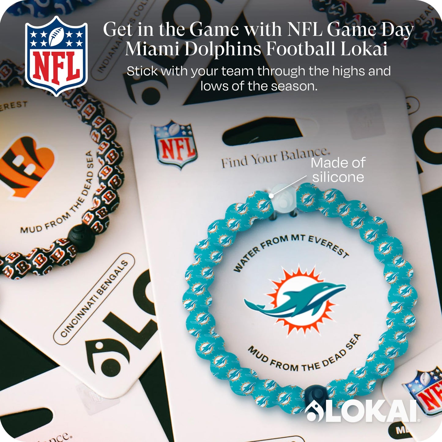 Lokai Silicone Beaded Bracelet for Men & Women, NFL Football Collection - Miami Dolphins, Medium - Silicone Jewelry Fashion Bracelet Slides-On for Comfortable Fit