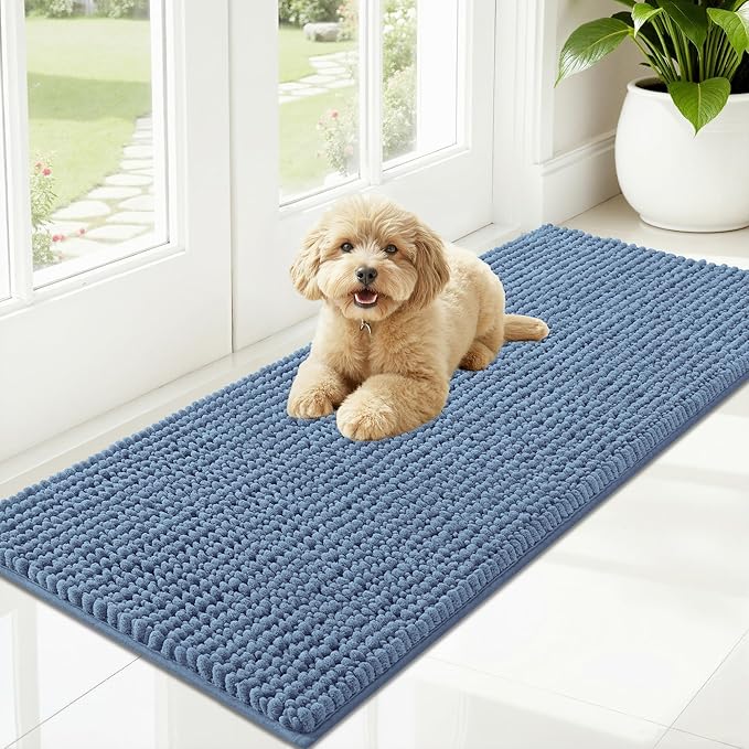 OLANLY Dog Door Mat for Muddy Paws 47x20, Ultra Absorbent Chenille Mud Doormat, Non-Slip Washable and Dirt Trapping Doormat for Indoor Entryway, Quick-Dry Indoor Pet Bed Mats for Dogs, Airy Blue