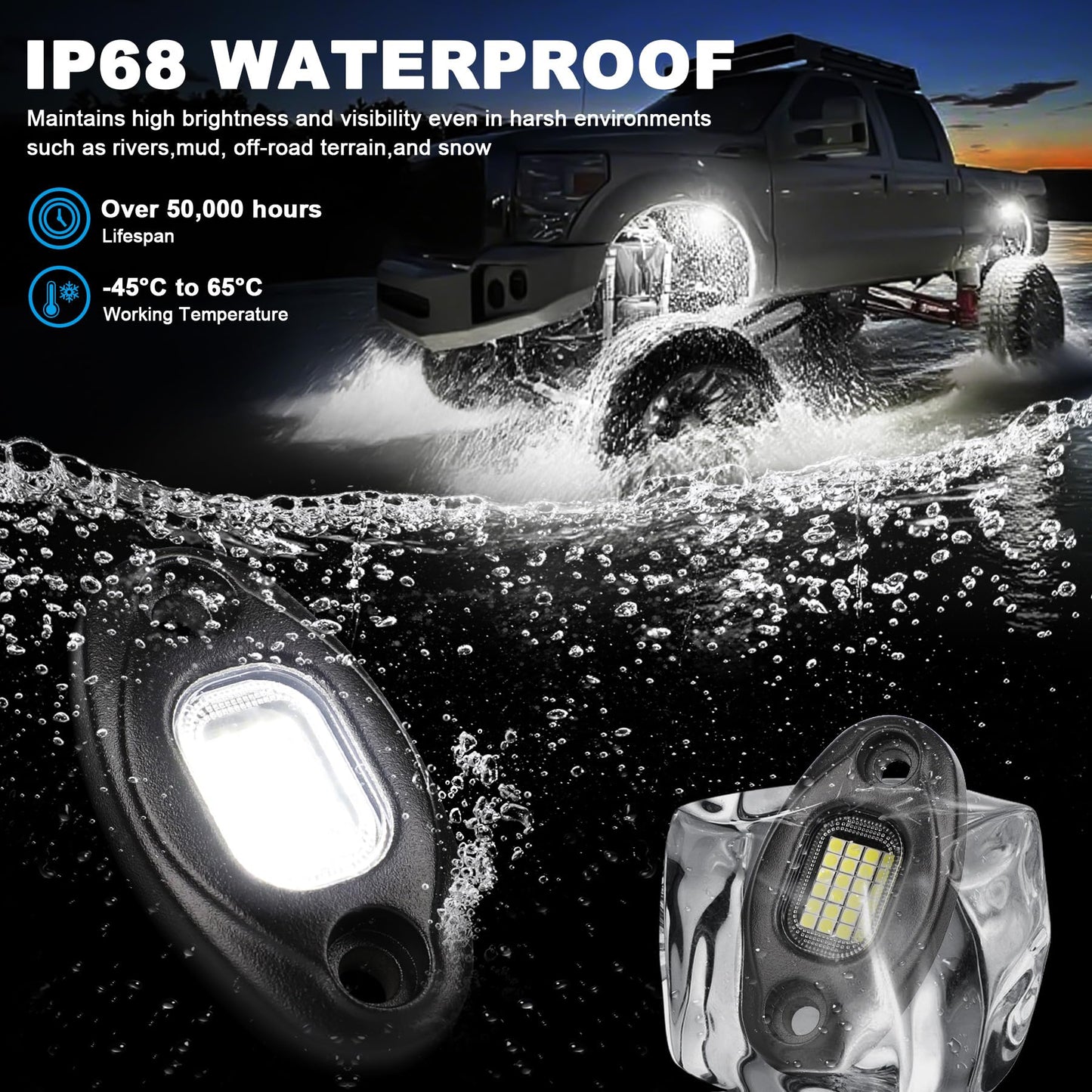 Rock Lights for Trucks-24Chip High Power 6000k Pure White, 15FT Cable Each Light, Aluminum Case, Waterproof IP68 Underglow Lights for Cars Jeep UTV ATV(16 PCS)