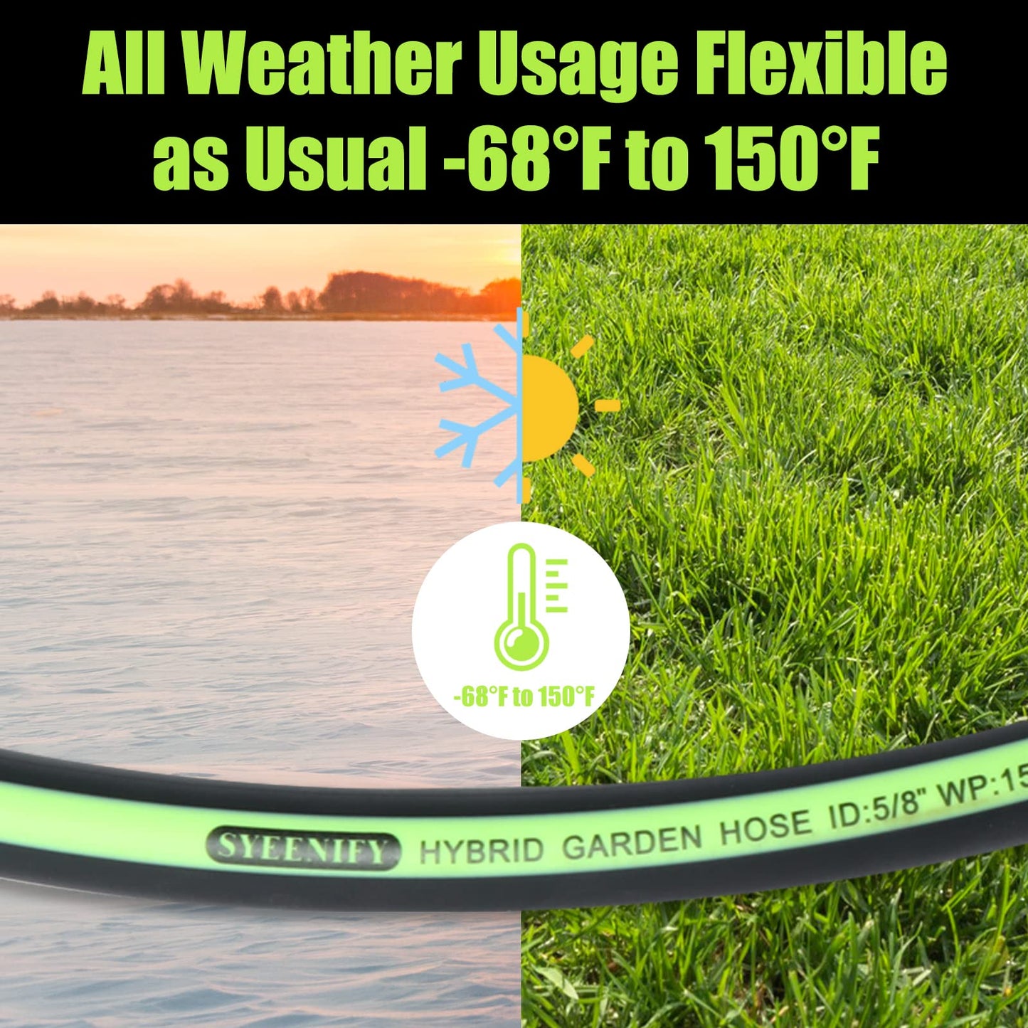 SYEENIFY Garden Hose 75ft 5/8", Heavy Duty No Kink Water Hose, No Tangle Flex Rubber Garden Hose for Lawns,Floor,Yard Washing,Pet Cleaning