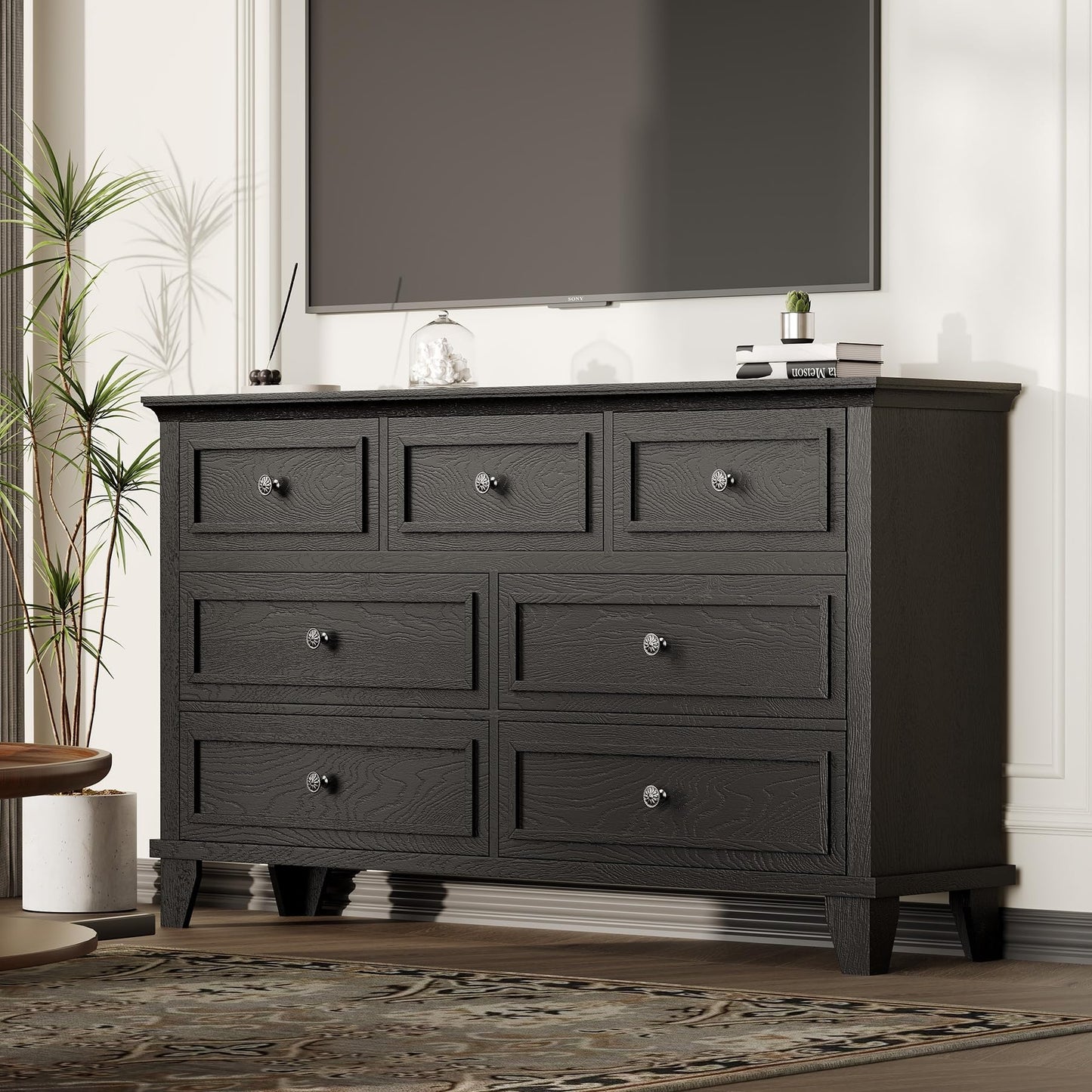 IDEALHOUSE 7 Drawer Dresser, Large Wooden Storage Chest of Drawers with Exquisite Metal Handles, 47" Wide Dresser TV Stand, Drawer Organizer for Bedroom, Living Room, Hallway, Entryway, Black