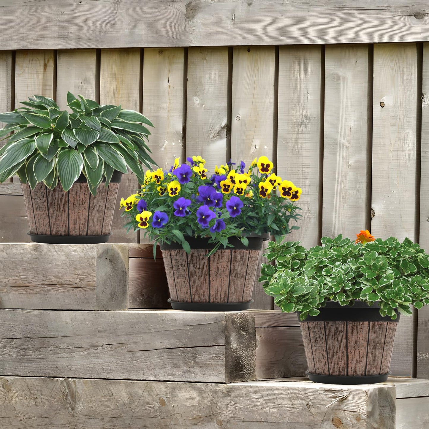 Quarut 4 Pack 8 inch Plant Pot,Upgrade Whiskey Barrel Planters with Drainage Holes & Saucer,Plastic Decoration Flower Pots Retro Design,Planters for Outdoor Indoor Garden Home Plants (Brown)