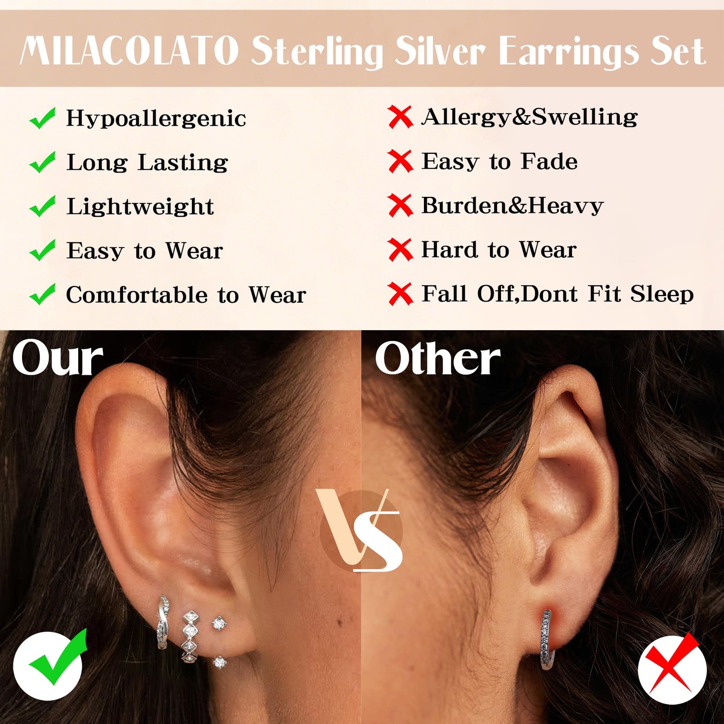 MILACOLATO 3Pairs 925 Sterling Silver Earrings for Women, Sterling Silver Filled Small Huggie Hoop Earrings Sets for Multiple Piercing Hypoallergenic, CZ Cartilage Earrings Stacks Trendy Earrings, H