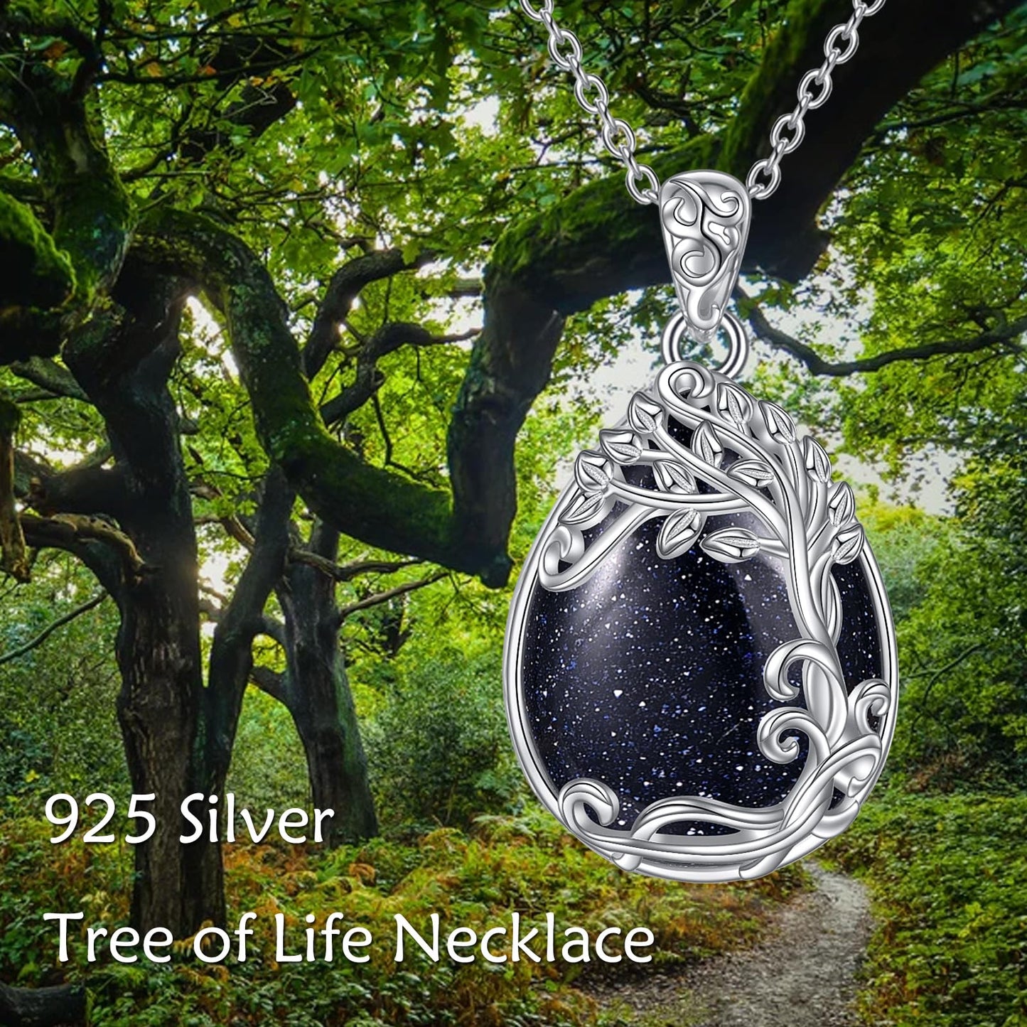 YAFEINI 925 Sterling Silver Blue Sandstone Necklace Tree of Life Teardrop Pendant Necklace Jewelry for Women (II-Tree of Life Blue Sandstone Necklace)