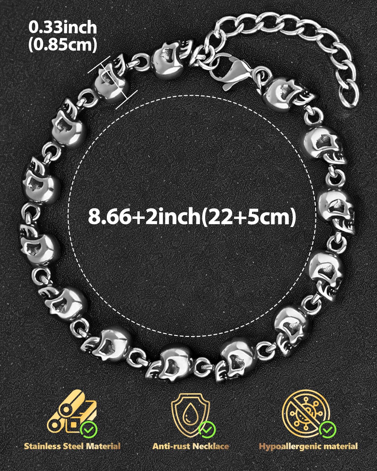 LuxGoth Stainless Steel Skull Head Bead Linked Chain Bracelet Gothic Punk Rock Biker Viking Vintage Link Curb Bracelet Jewelry for Men Silver GTS-B1B45077