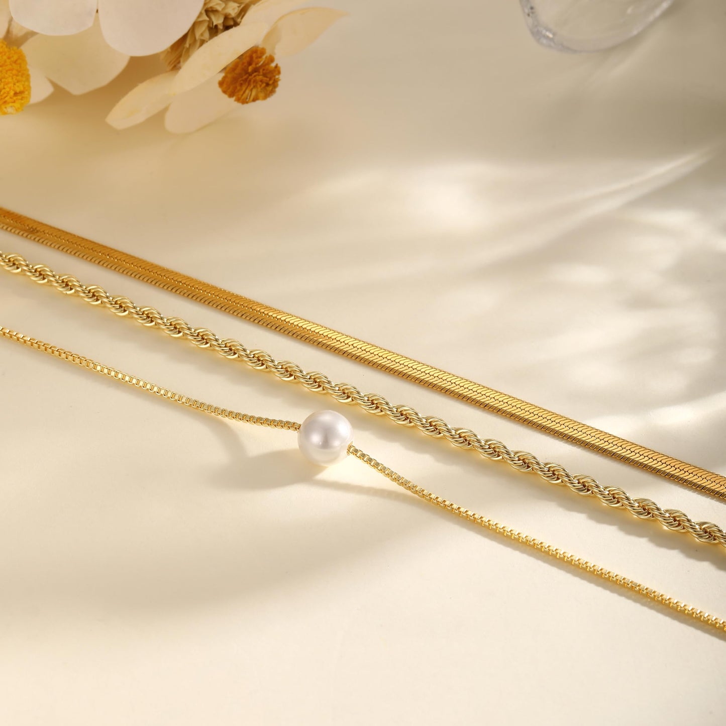 Hothrty Gold Pearl Necklaces for Women Dainty 14K Gold Plated Herringbone Twisted Chain Choker Necklace Set Layered Gold Necklace Stack Trendy Simple Jewelry Set