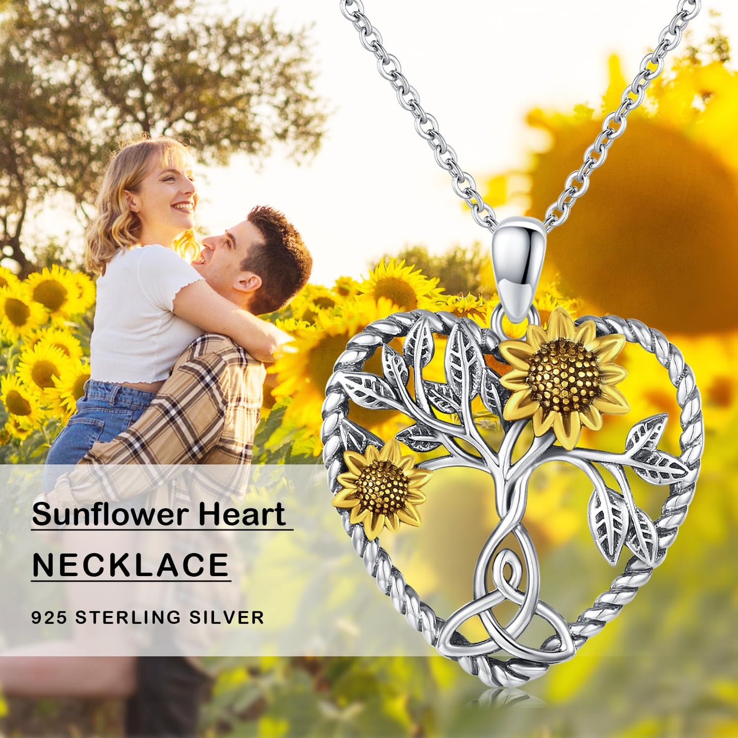 CHENGHONG Sunflower Necklace 925 Sterling Silver Tree of Life Necklace Heart Sunflower Sunshine Jewelry Gifts for Women