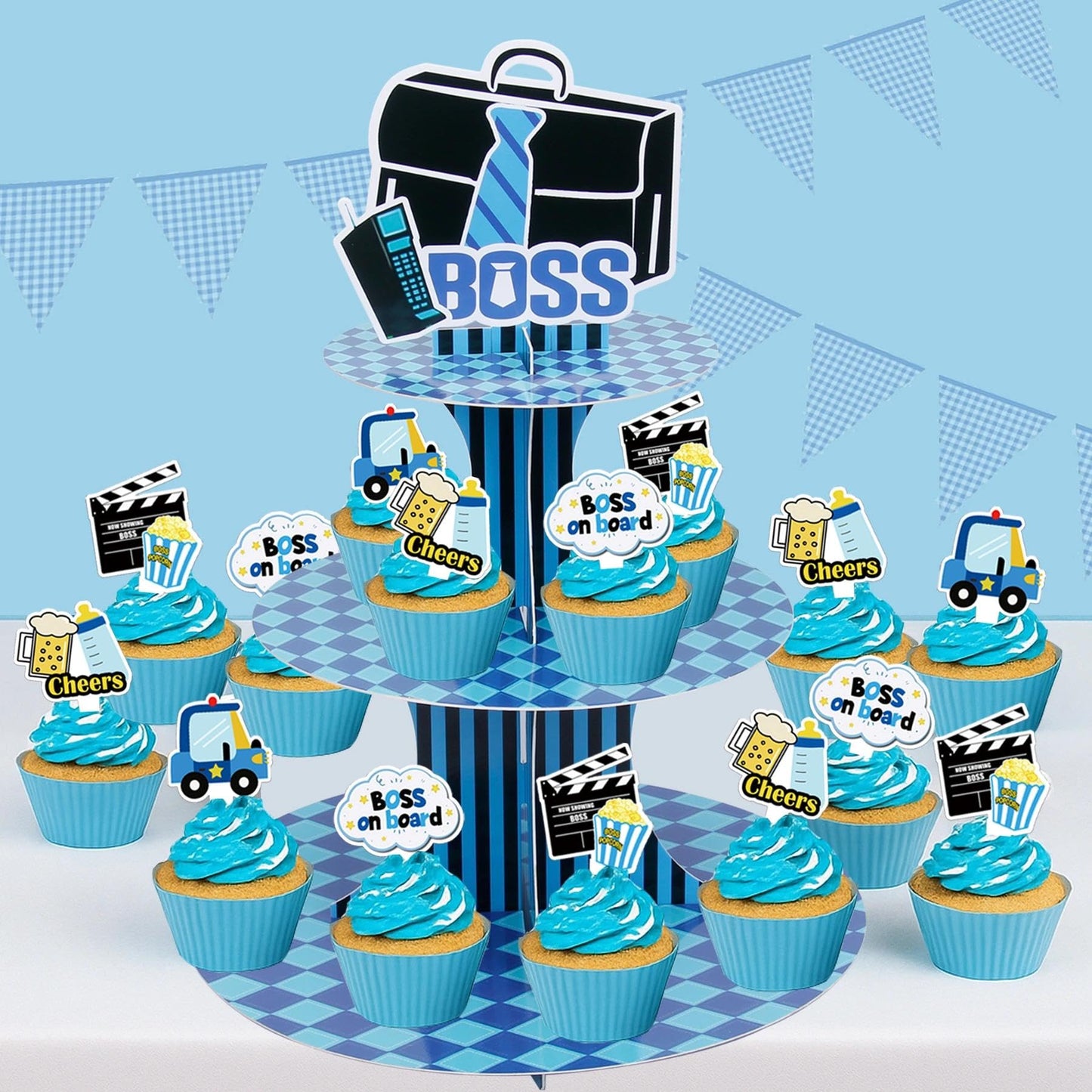 HAPPARTY Blue Black BOSS Theme 3-Tier Cupcake Stand 1PCS with 16PCS Cupcake Toppers, for Little Gentleman 1st 2nd Birthday Baby Shower Table Centerpiece Decorations