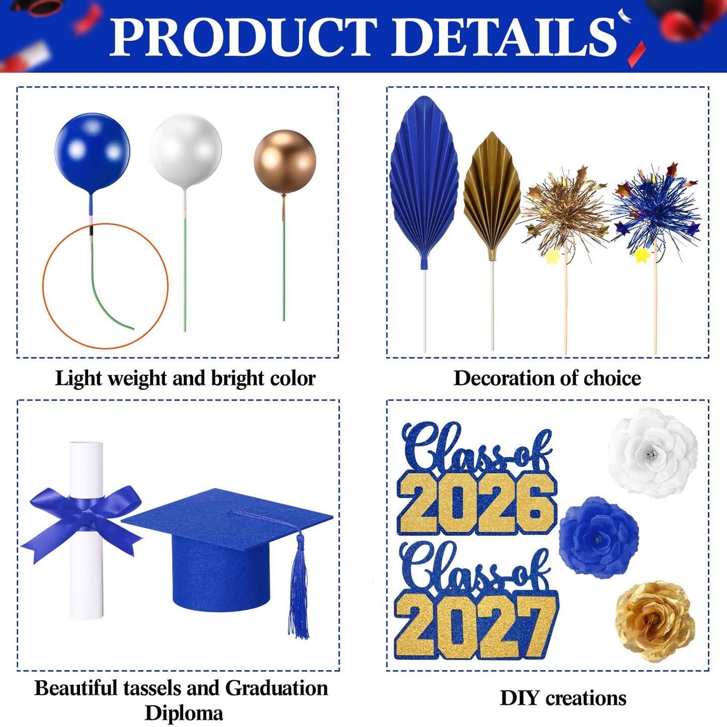 Sureio 48 Pcs Graduation Cake Toppers Class of 2026 Congrats Grad Cake Decor Graduation Cap Diploma Artificial Flower Card Ball Palm Leaves Firework Stick Kit for Theme Party Supplies(Blue, Gold)