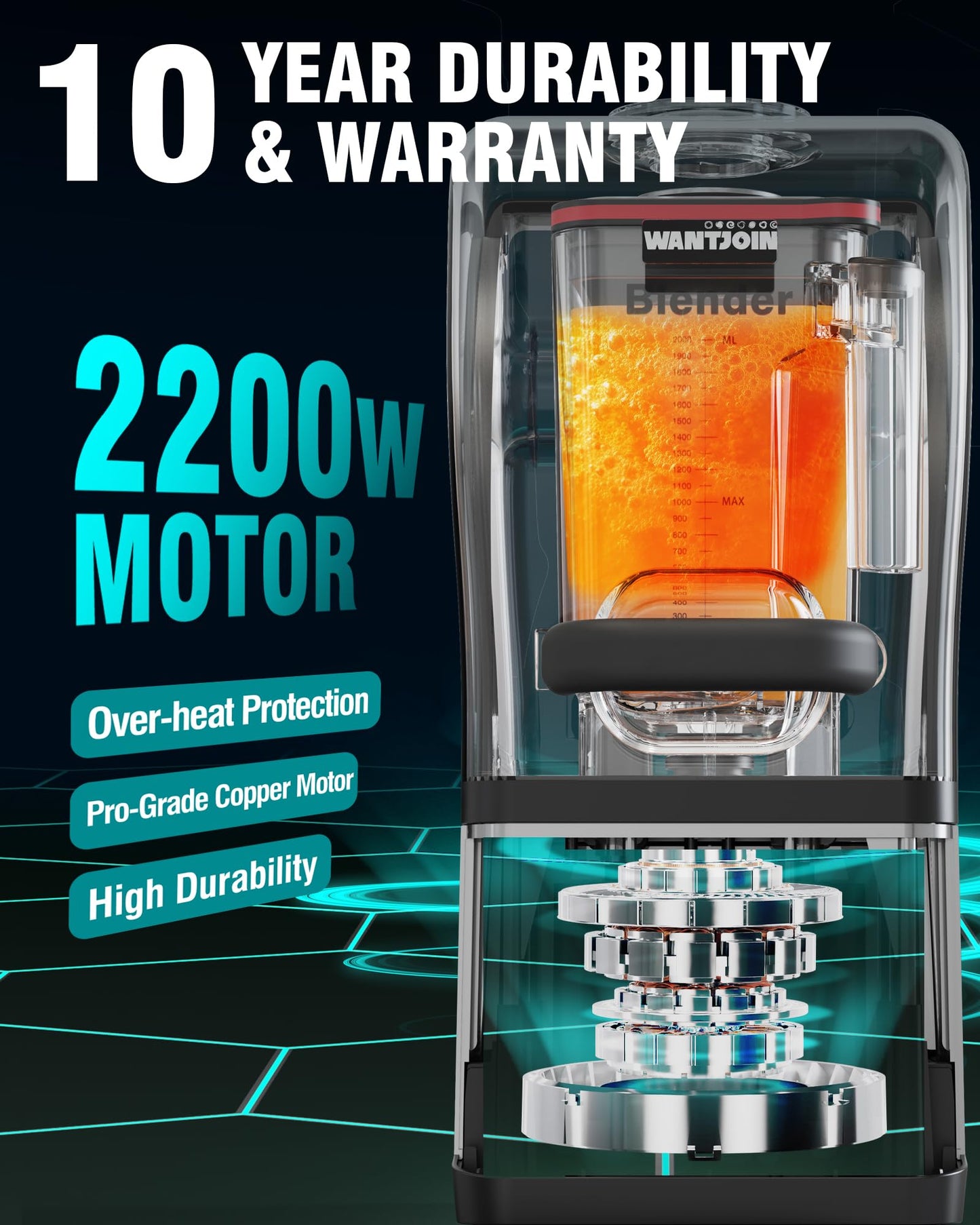 WantJoin Commercial Blender - 68 oz Quiet Commercial Blender for Smoothies with LED Touch Panel & Sound Enclosure, 2200W Copper Motor, 30000RPM, 7 Speeds, Blenders for Frozen Drinks, Juice, Soup