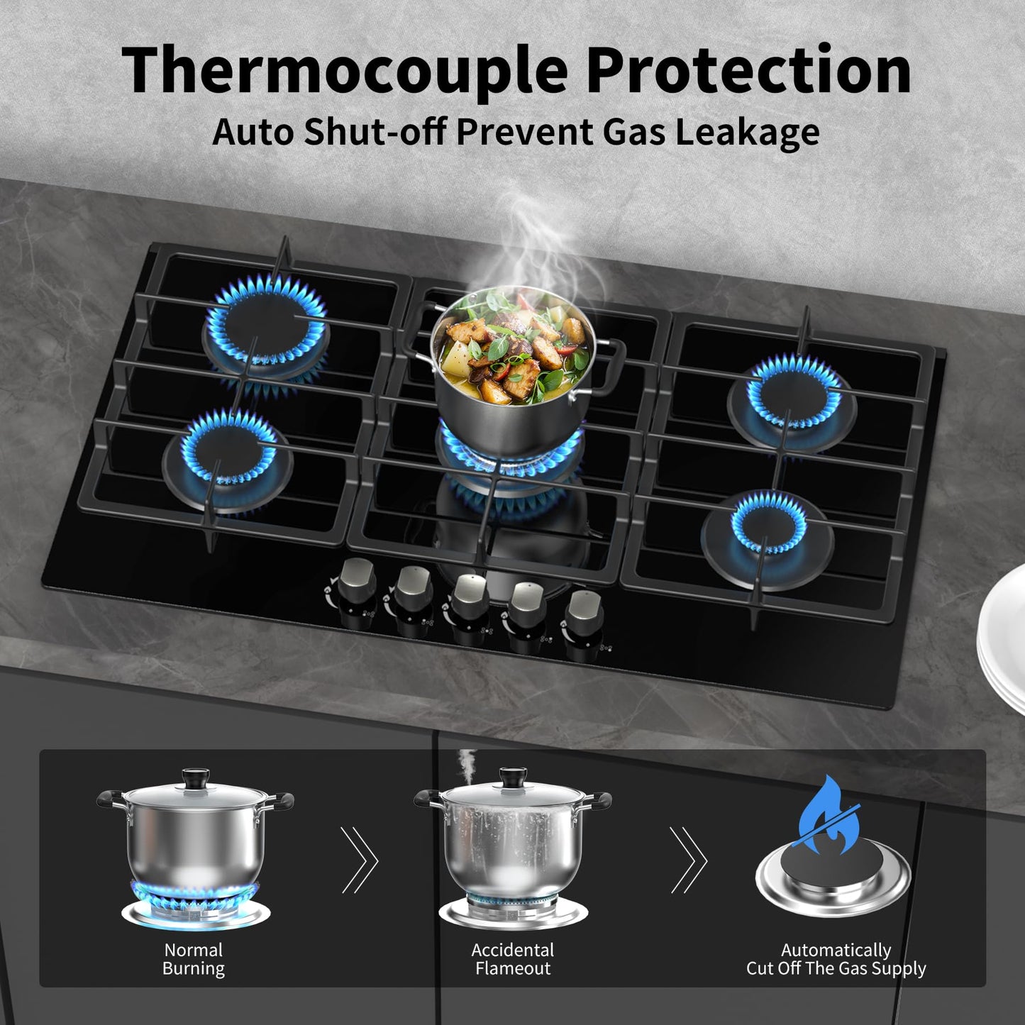 Nafewin 36 Inch Gas Cooktop Propane Stove, 5 Burner Built-in Gas Stove Top with Tempered Glass Panel, NG/LPG Dual Fuel Auto Ignition Propane Cooktop with Thermocouple Protection