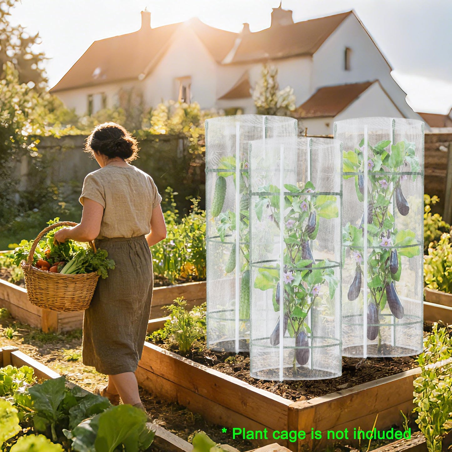 3 Pack Garden Netting for Round Plant Cage, 55" x 15" Tomato Cage Bird Netting Mesh Plant Cover with Zipper, Tomato Trellis Pest Barrier Garden Protection Net Cover for Climbing Plants Vegetables