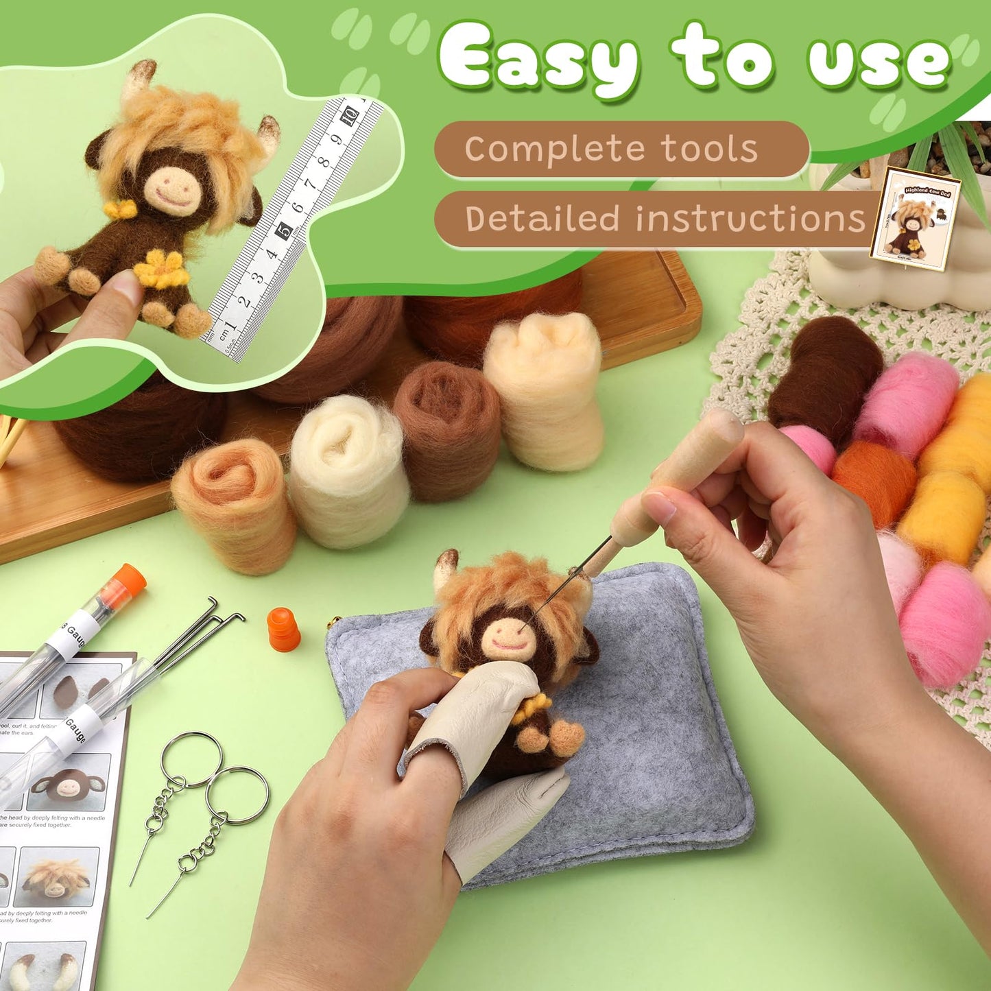 Yizzvb Needle Felting Kit, Highland Cow Family Needle Felting Kits for Beginners Adult with Instruction, Wool, Felting Needles, Felting Pad, Wool Felting Kits for Beginners DIY Home Decoration