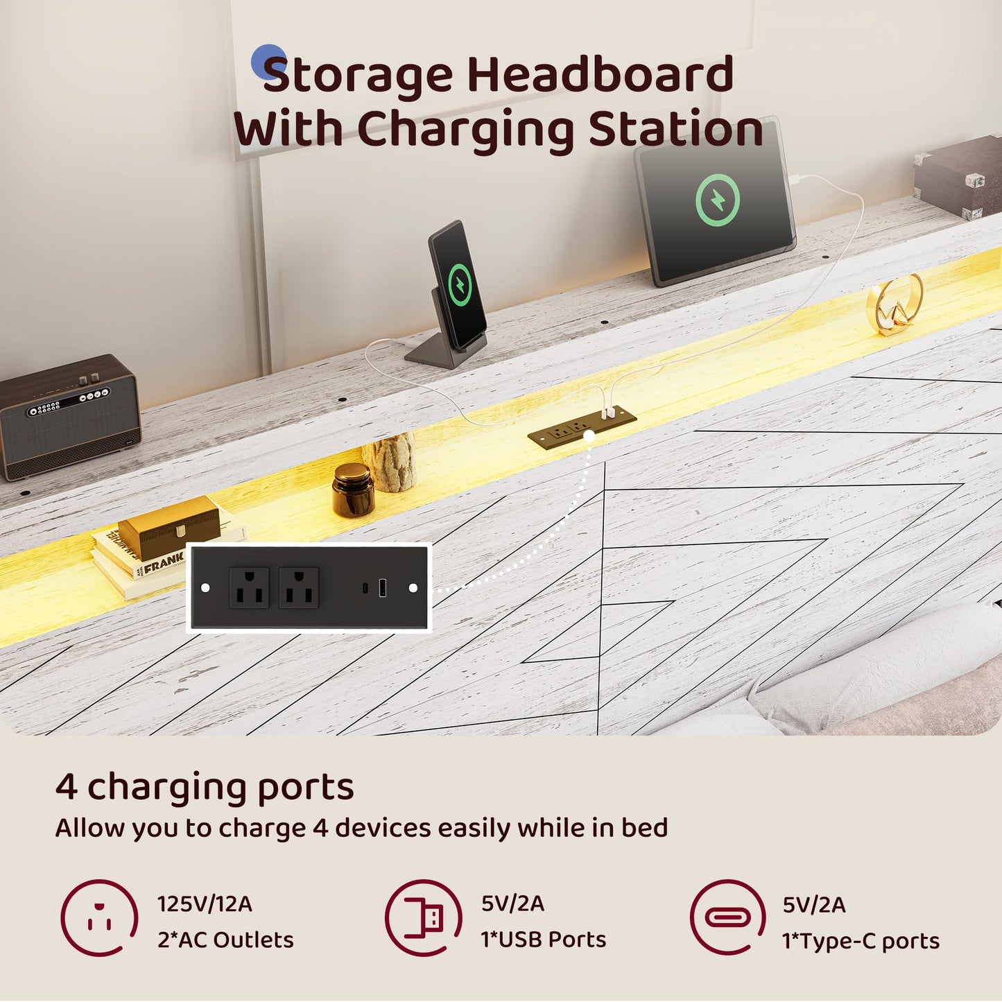 BRELTAM King Size Bed Frame with 2 Storage Drawers and Headboard Wooden Platform Bed Frame with LED Lights and Charging Station Easy Assembly/No Box Spring Needed/White