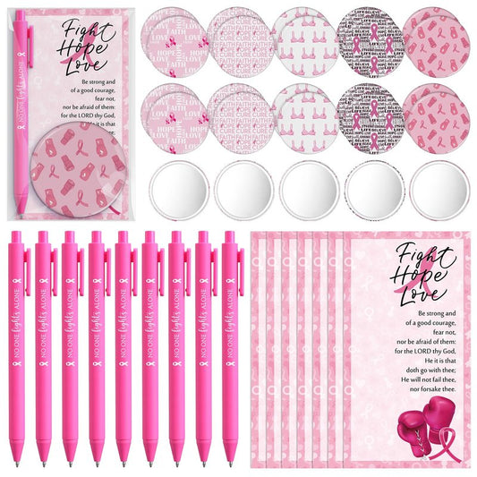 Pinkunn 75 Sets Breast Cancer Awareness Accessories Bulk Breast Cancer Gift for Women Compact Mirrors with Pink Ribbon Boxing Glove Design, Ballpoint Pens, Motivational Cards Charity Party Favors