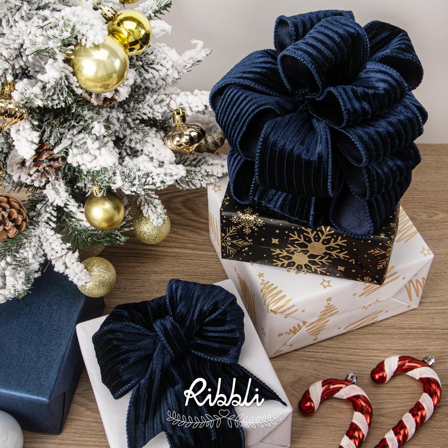 Ribbli Glossy Navy Velvet Wired Ribbon 2.5 Inch Striped Velvet Christmas Ribbon for Gift Wrapping Christmas Tree Decoration Crafts Wreaths Supplies-Continuous 10 Yards