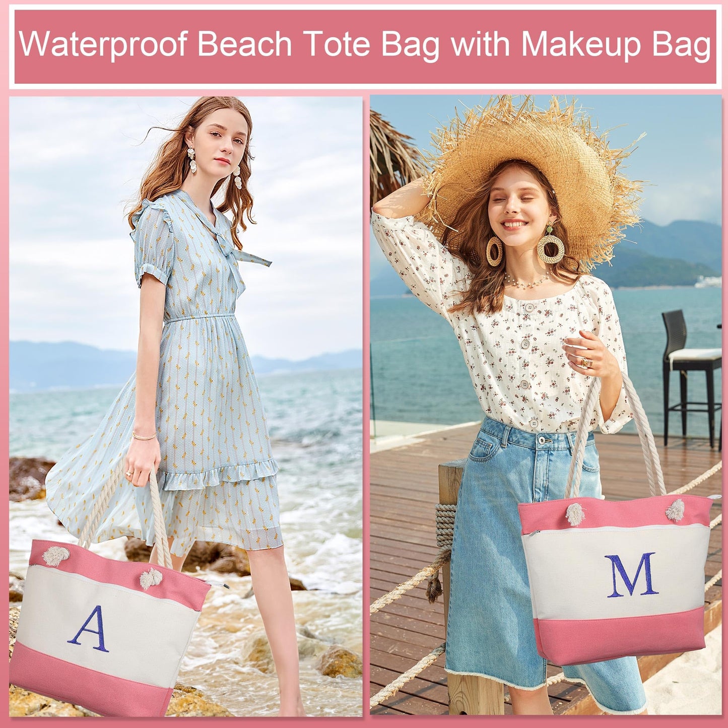 YOOLIFE Birthday Gifts for Women - Mothers Day Gifts, Beach Bags for Women, Pink Beach Bags Waterproof Sandproof Initial Canvas Tote Bag Mom Girlfriend Teacher Sister Friend Female Her Gift Idea A
