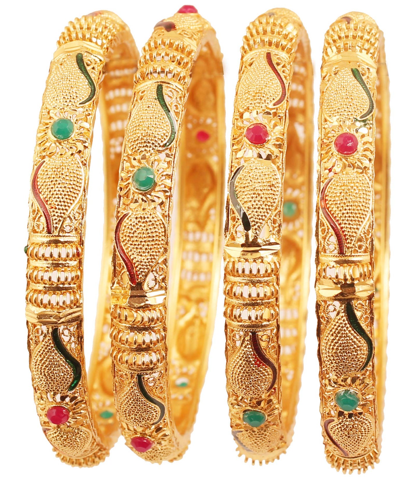 Touchstone "Golden Bangle Collection Indian Bollywood Desire Beautifully Carved Conch Shell Inspired Faux Ruby Emerald Thick Designer Jewelry Bangle Bracelets. Set of 4. In Gold Tone For Women