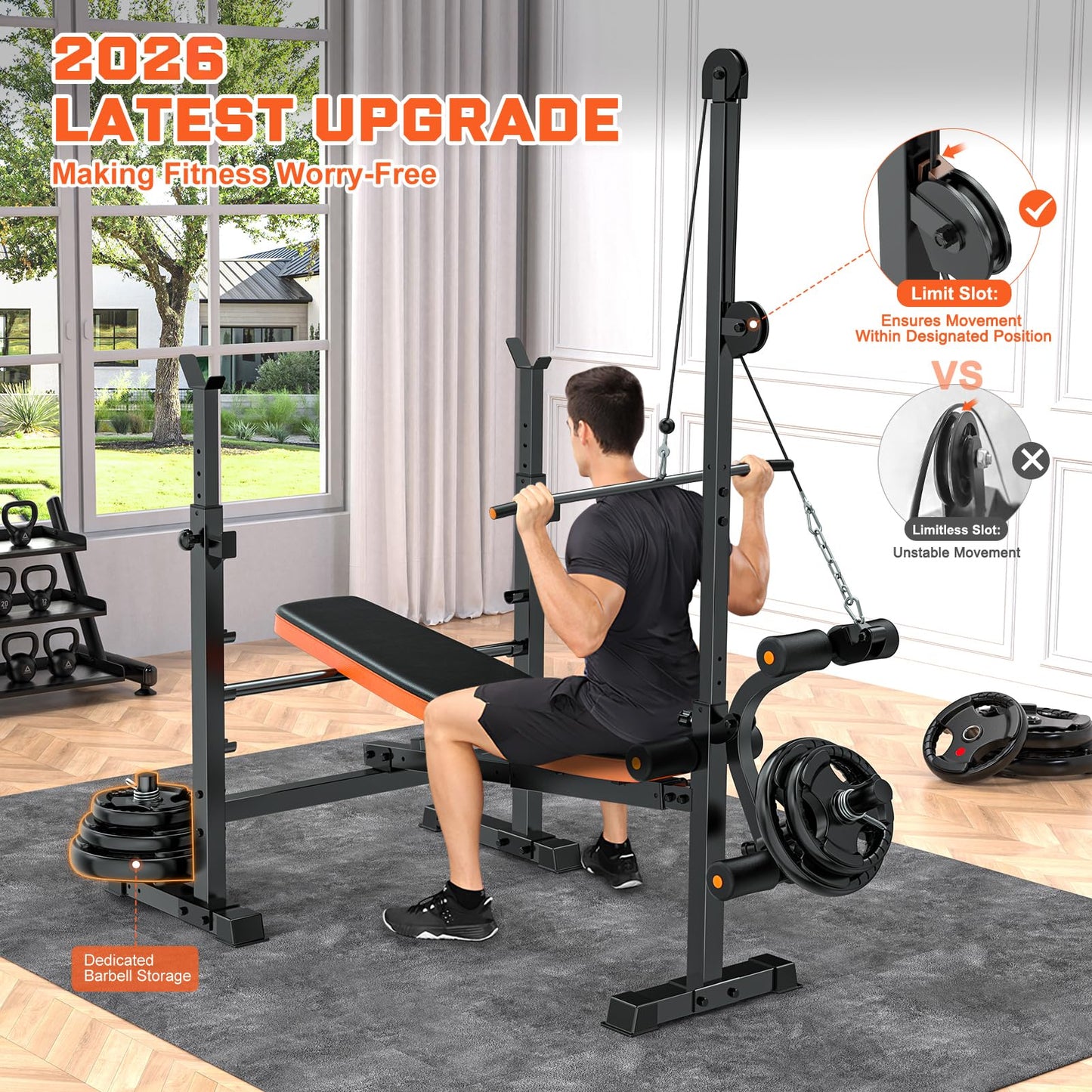 Fostoy 8-in-1 Adjustable Olympic Weight Bench with Lat Pulldown, Row, Squat Rack & Leg Curl – MultiFunction Strength Training Bench Press for Adjustable Seat for Home Gym(8in1 Olympic Weight Bench)